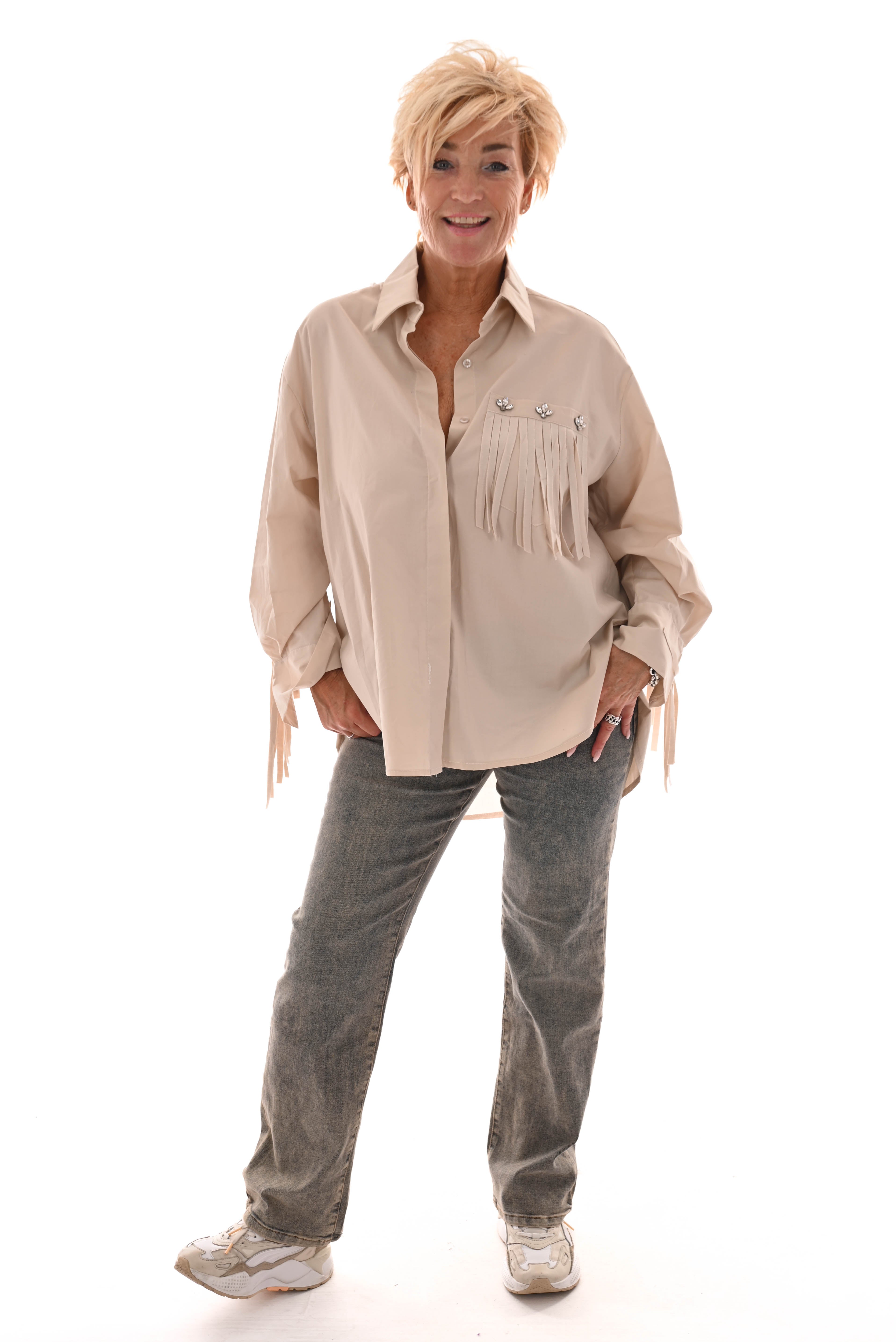 Blouse franjes met borstzak beige