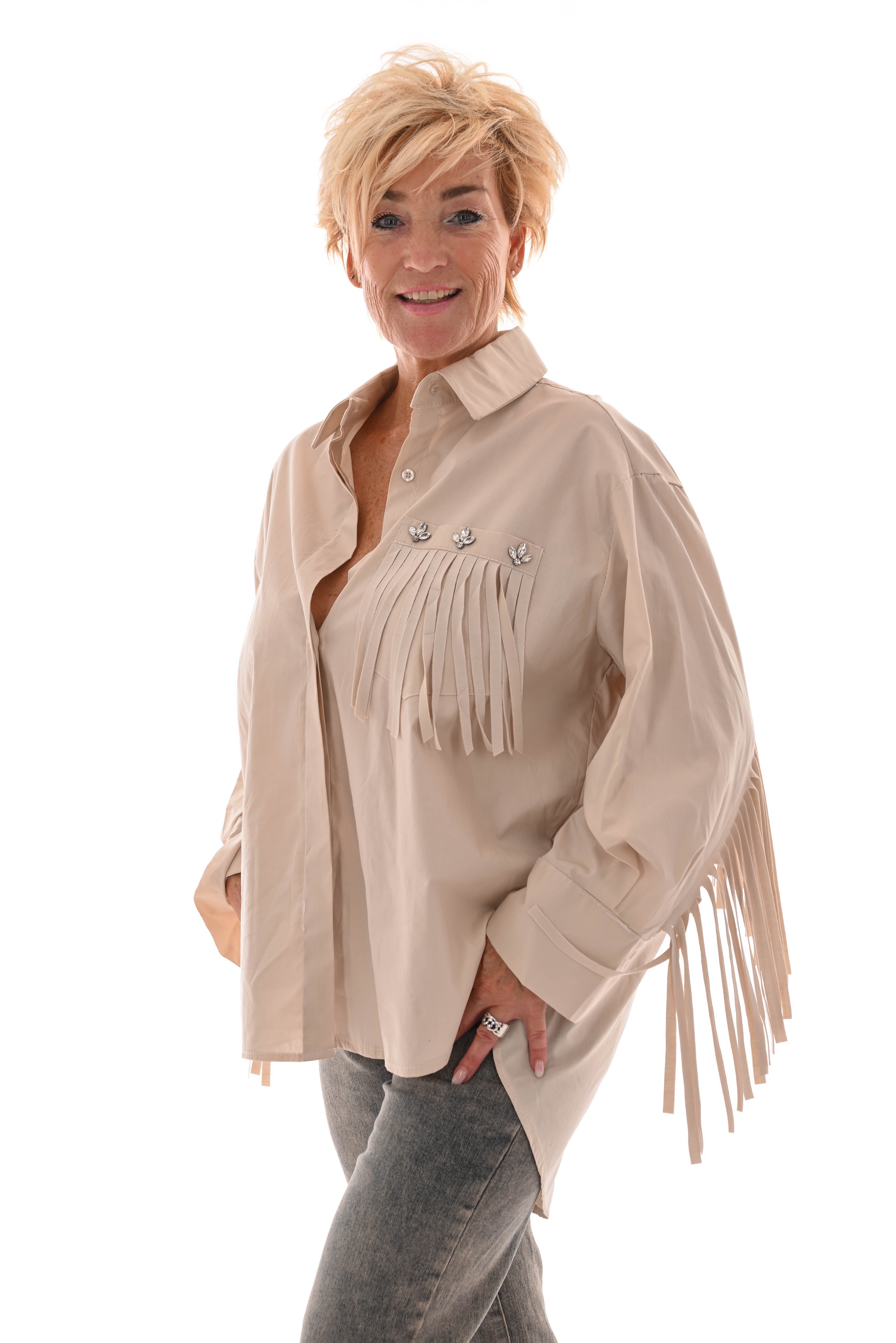 Blouse franjes met borstzak beige