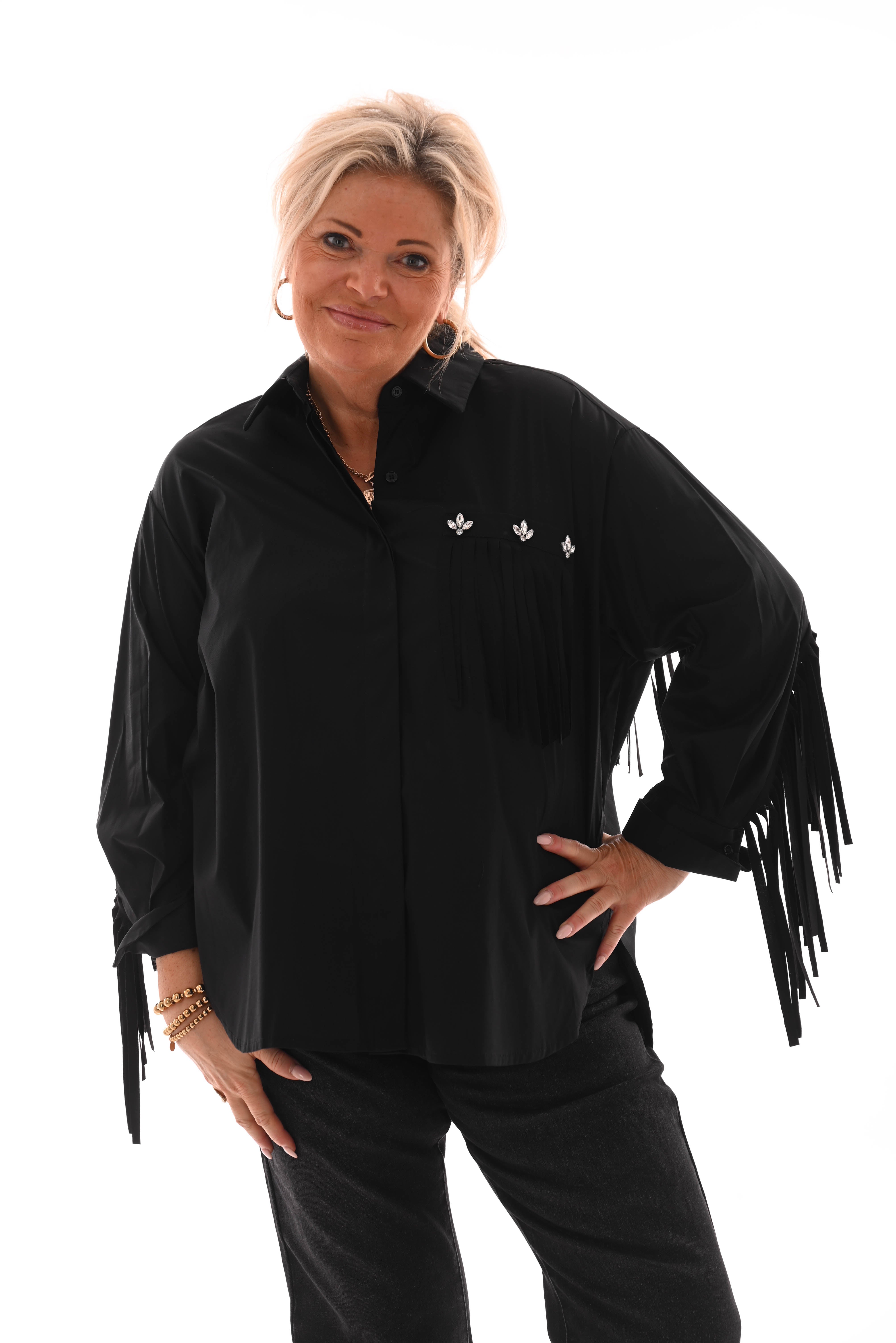 Blouse franjes met borstzak zwart