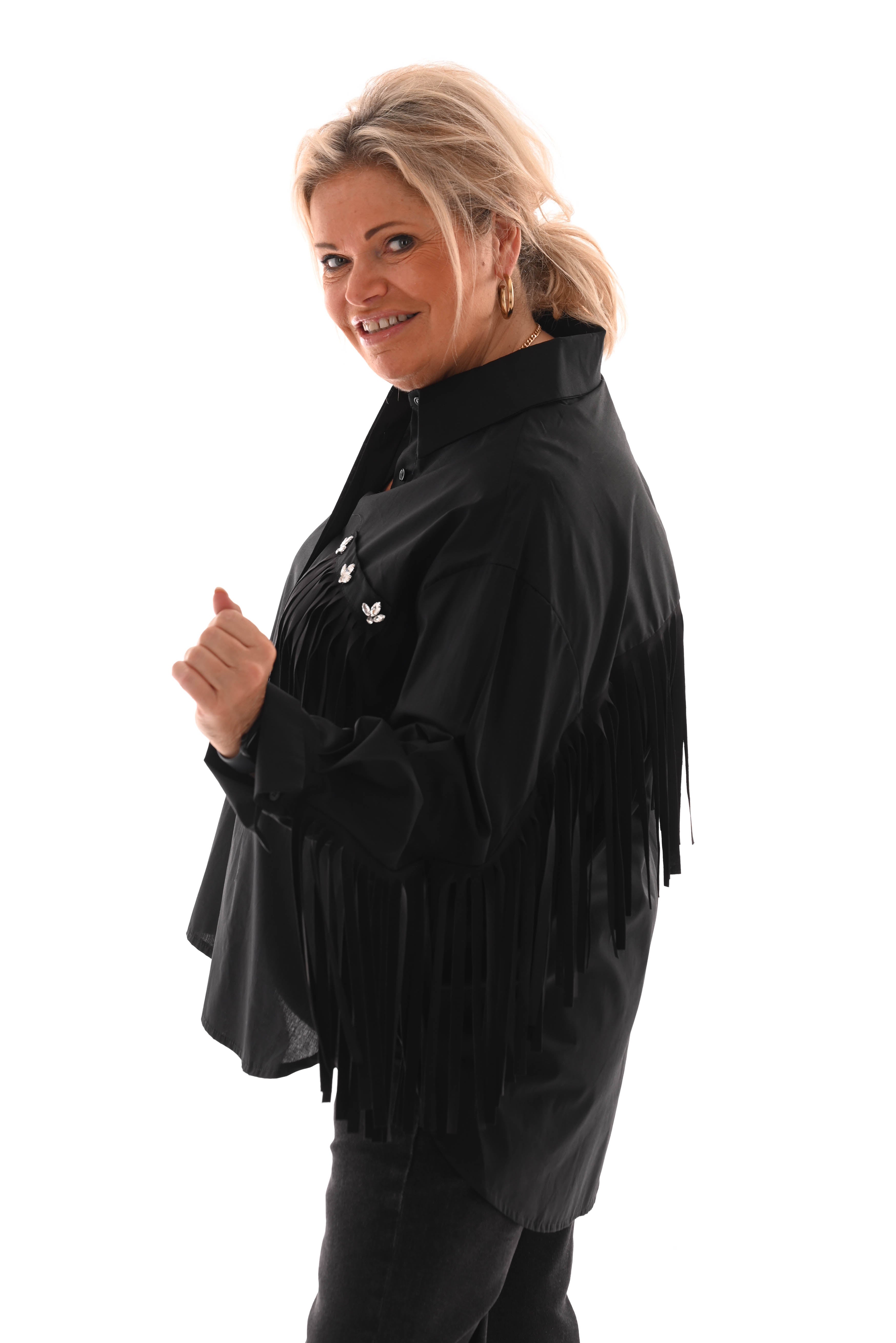 Blouse franjes met borstzak zwart