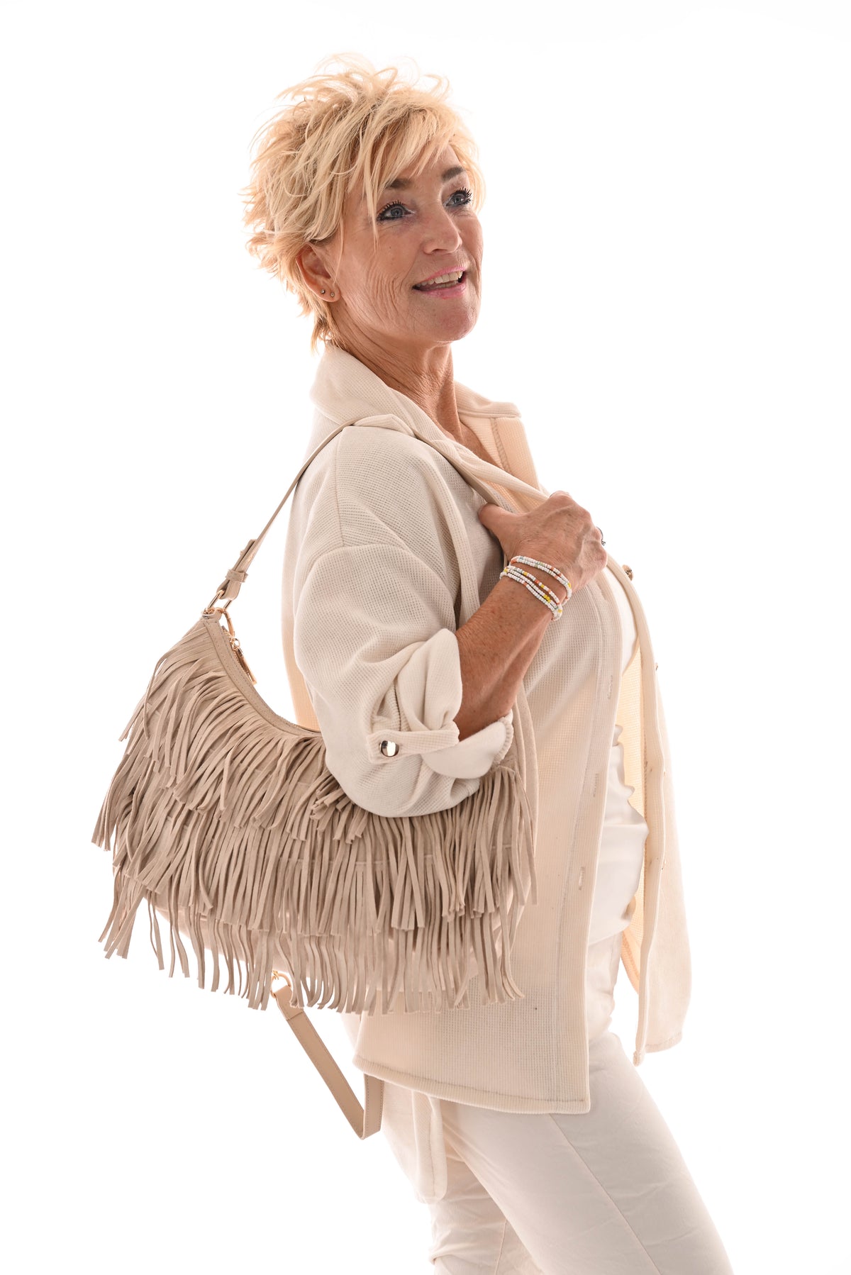 Tas suedinelook franjes rond beige