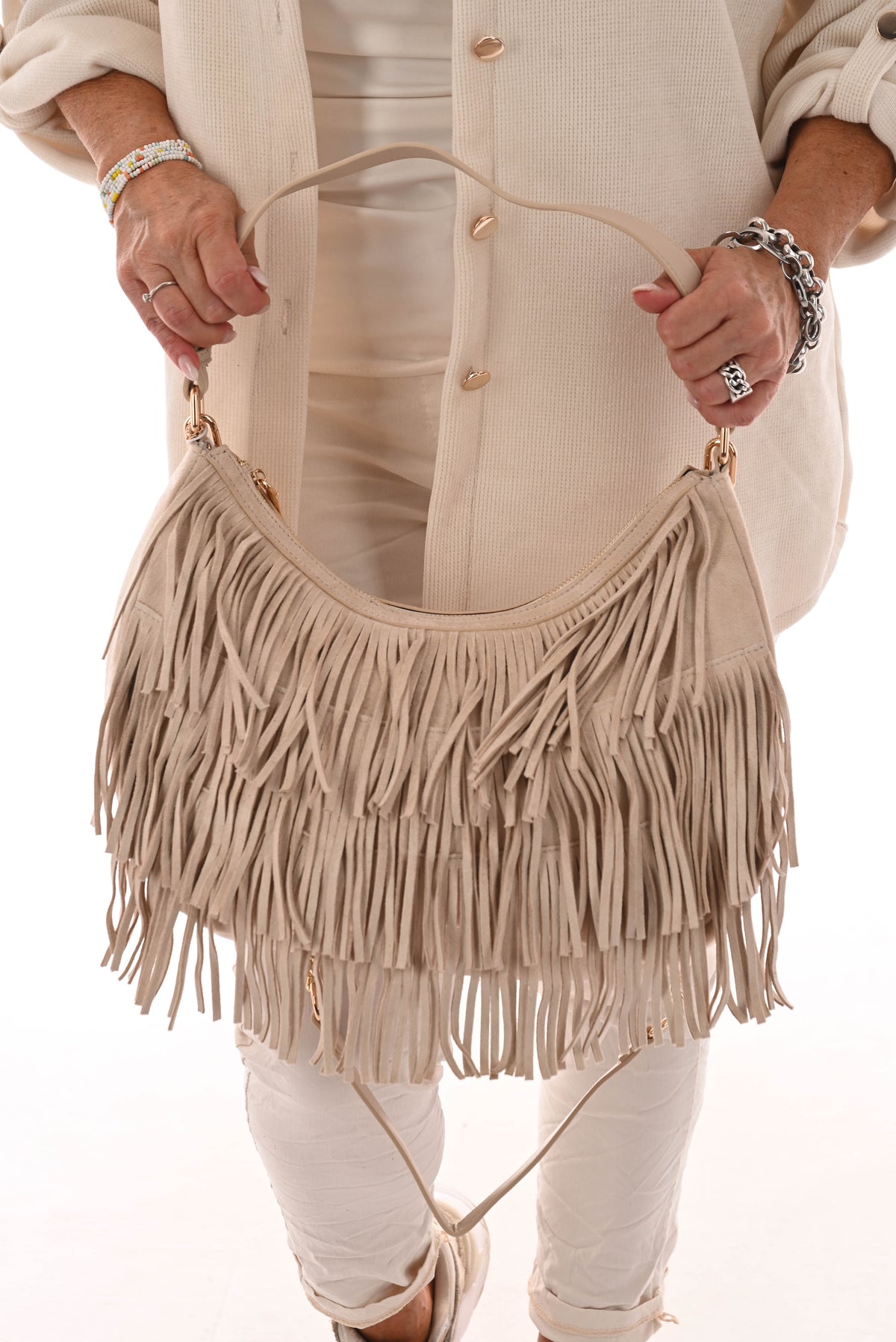 Tas suedinelook franjes rond beige