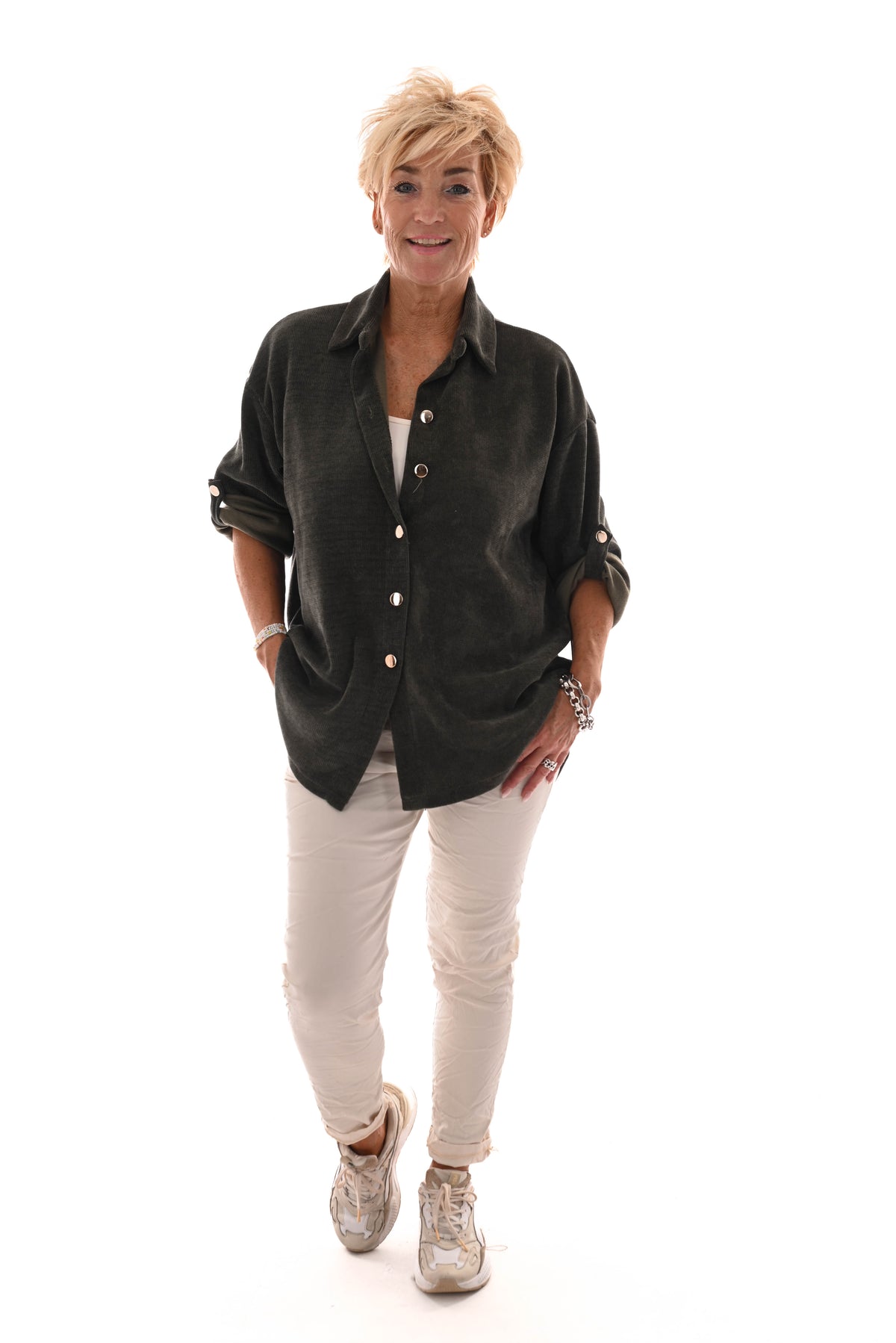 Corduroy blouse ophaalmouwen legergroen
