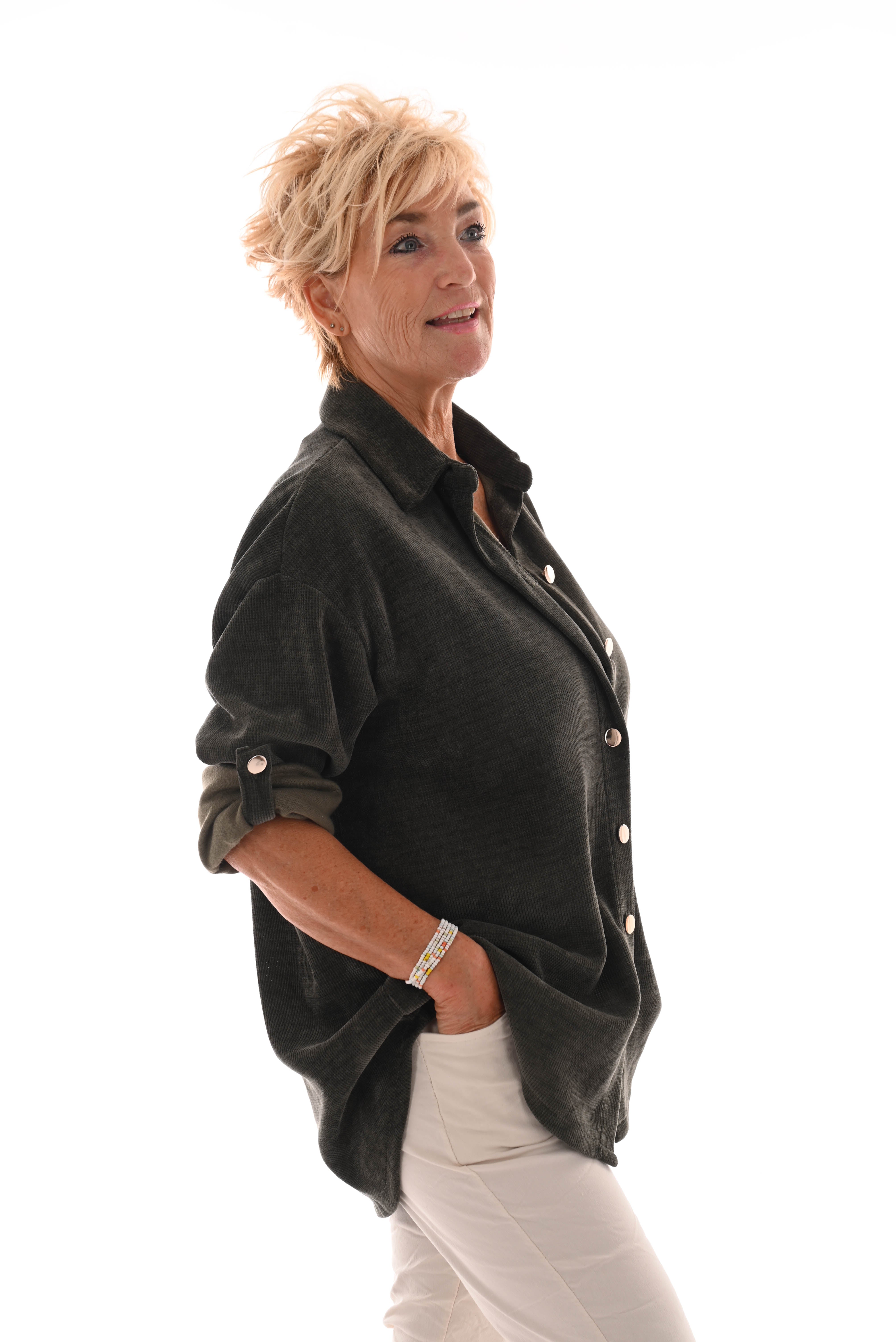 Corduroy blouse ophaalmouwen legergroen