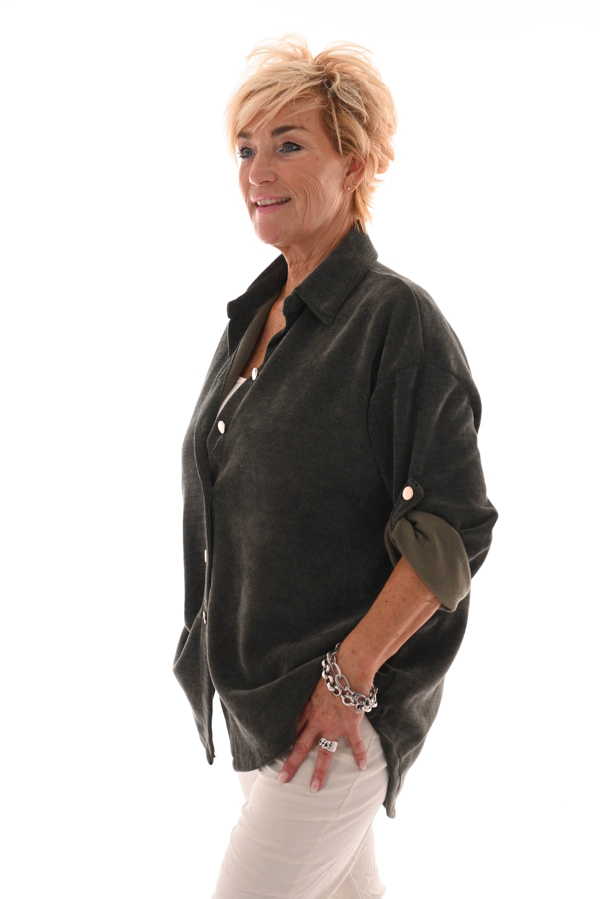 Corduroy blouse ophaalmouwen legergroen