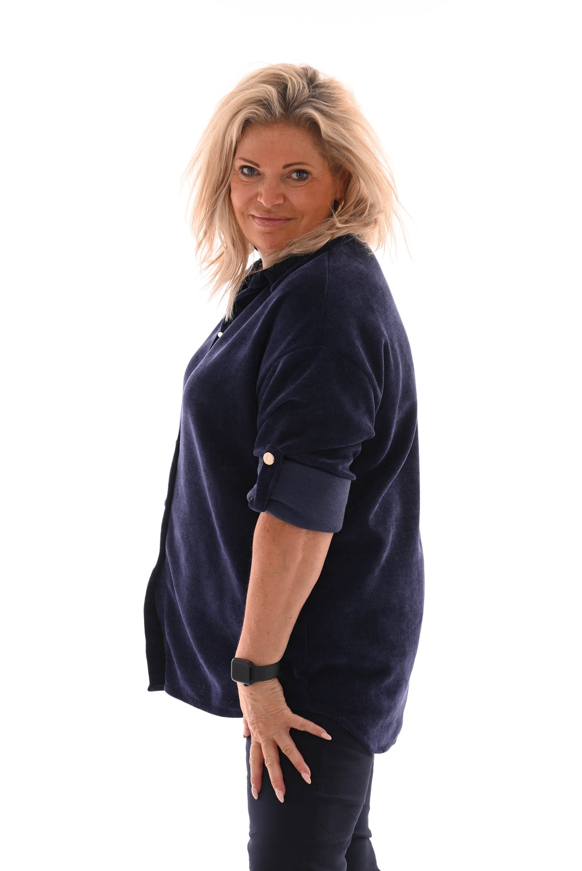Corduroy blouse ophaalmouwen marineblauw