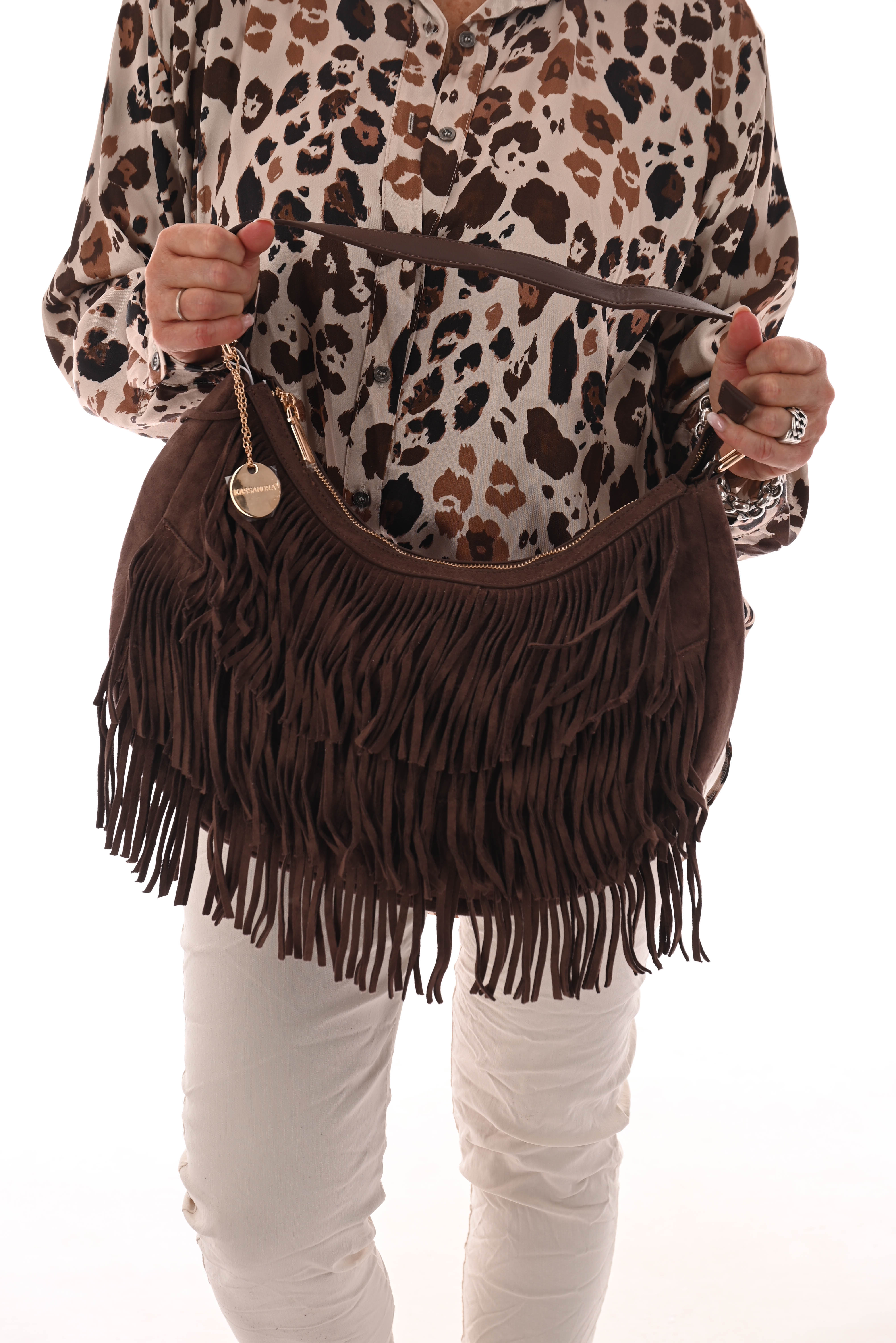 Tas suedinelook franjes rond donkerbruin