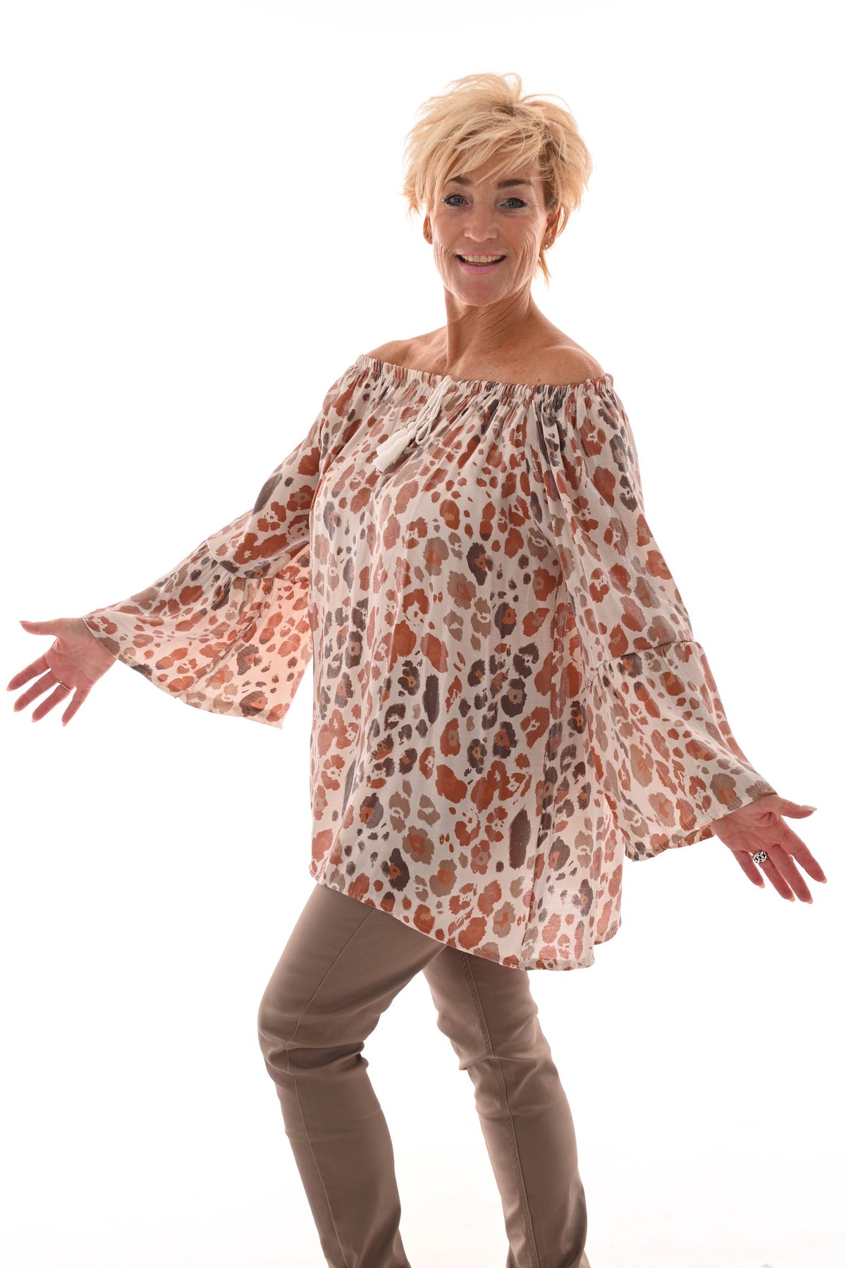 Off shoulder panter top creme/oranje