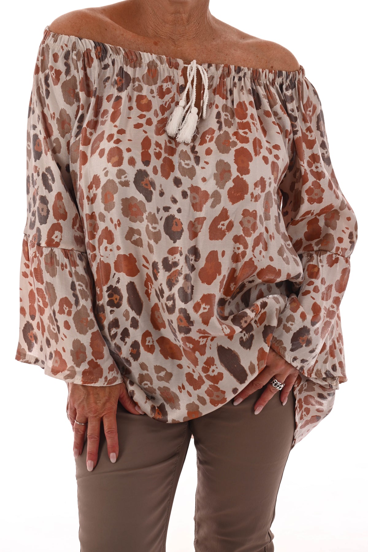 Off shoulder panter top creme/oranje