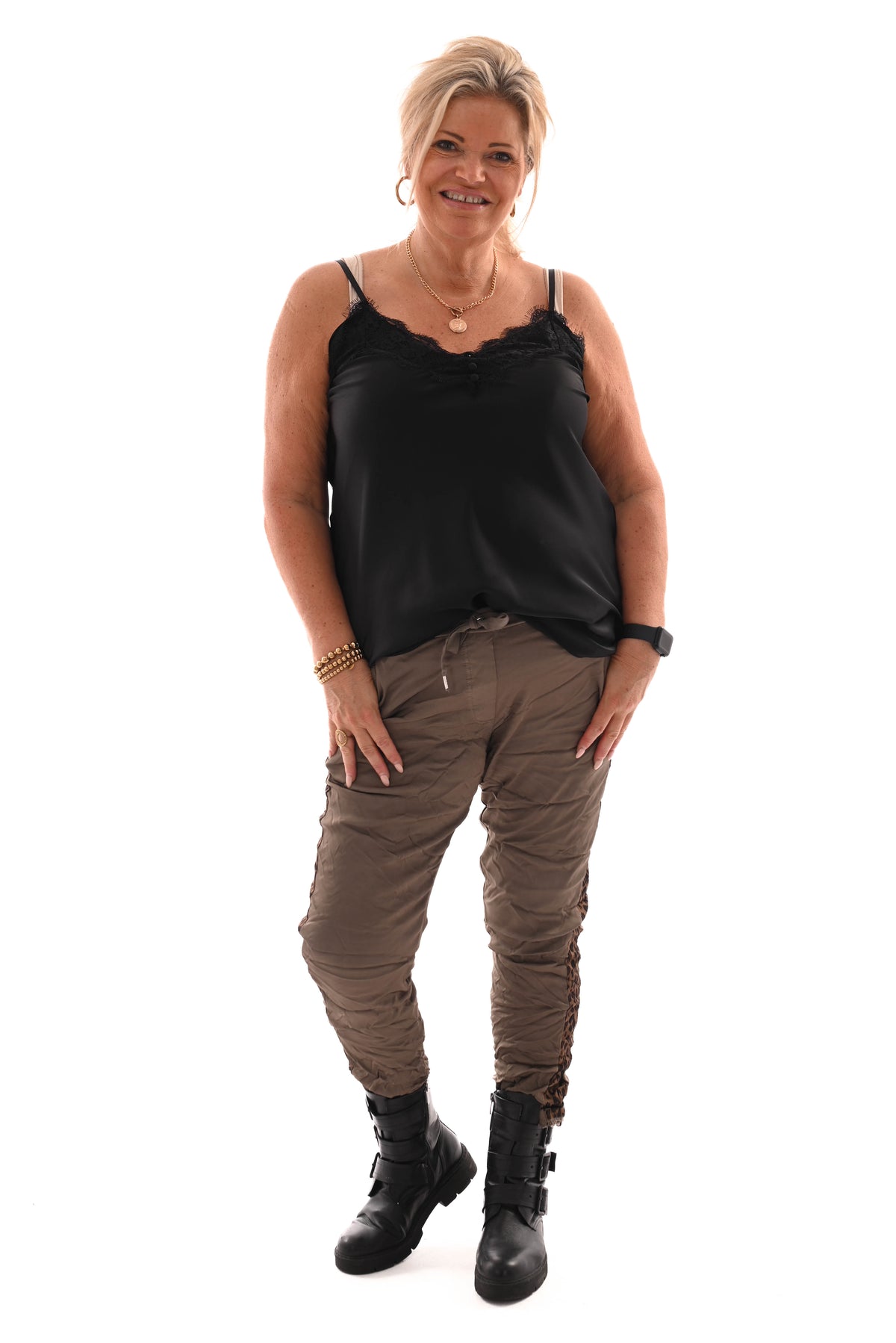 Silky stretchbroek panterbies taupe