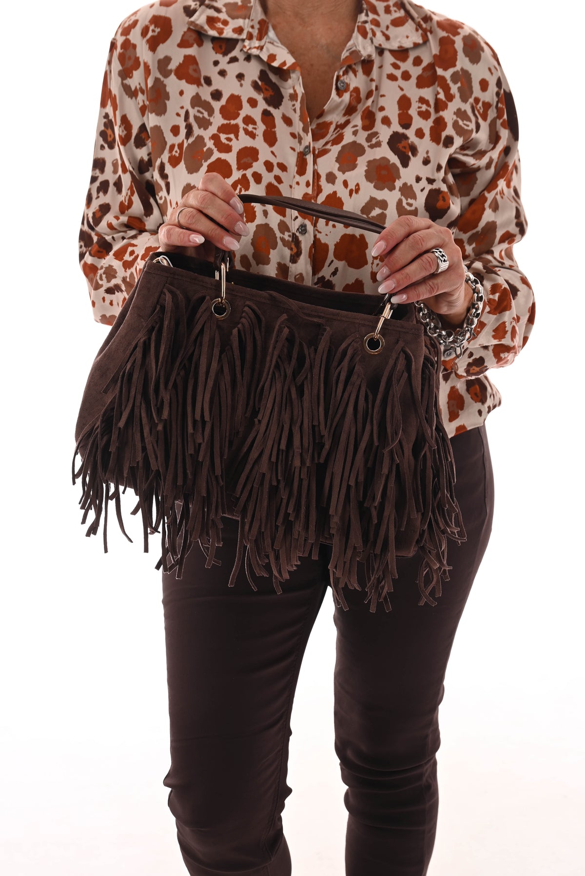 Tas suedinelook franjes donkerbruin