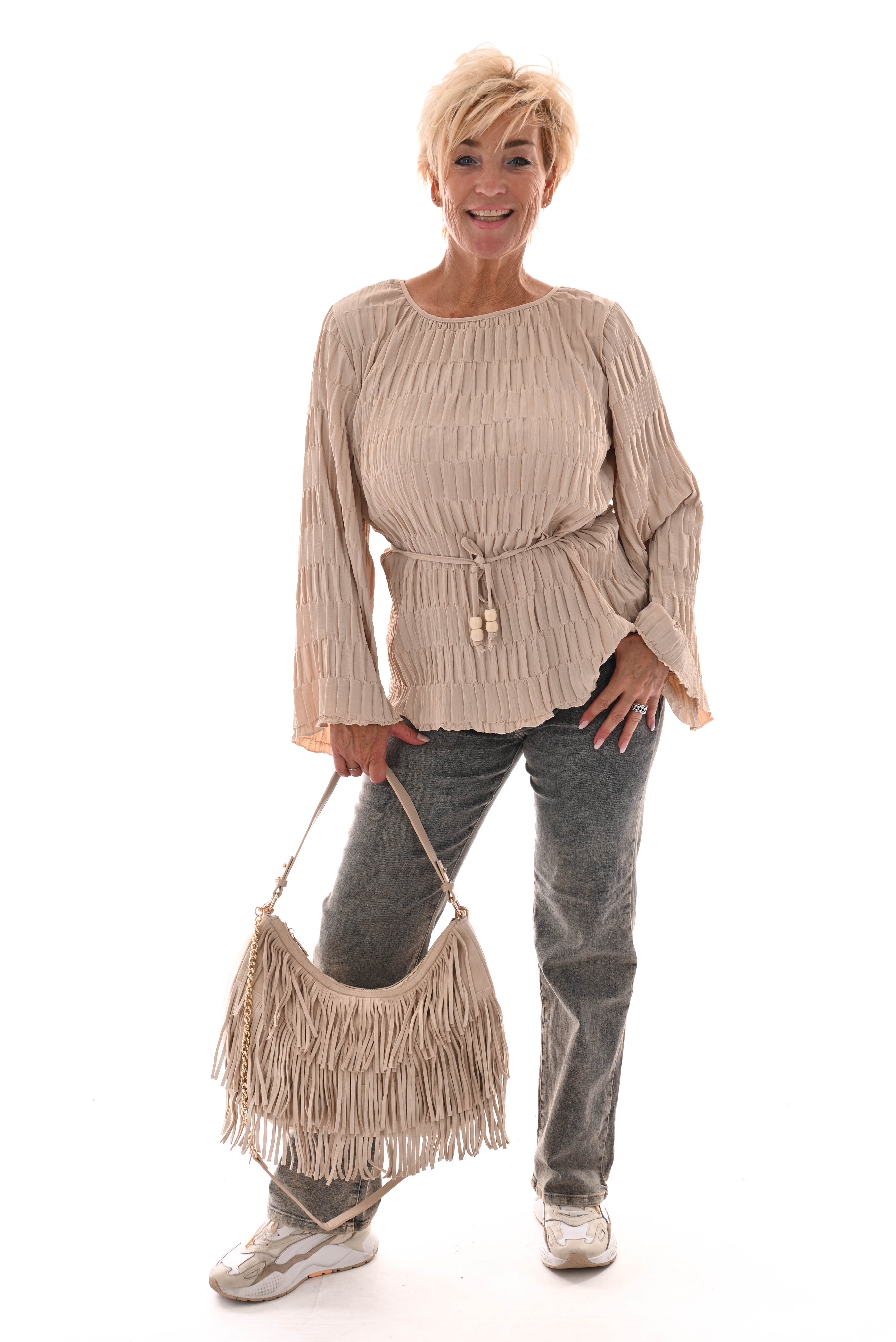 Top lange mouwen structuur ceintuur beige