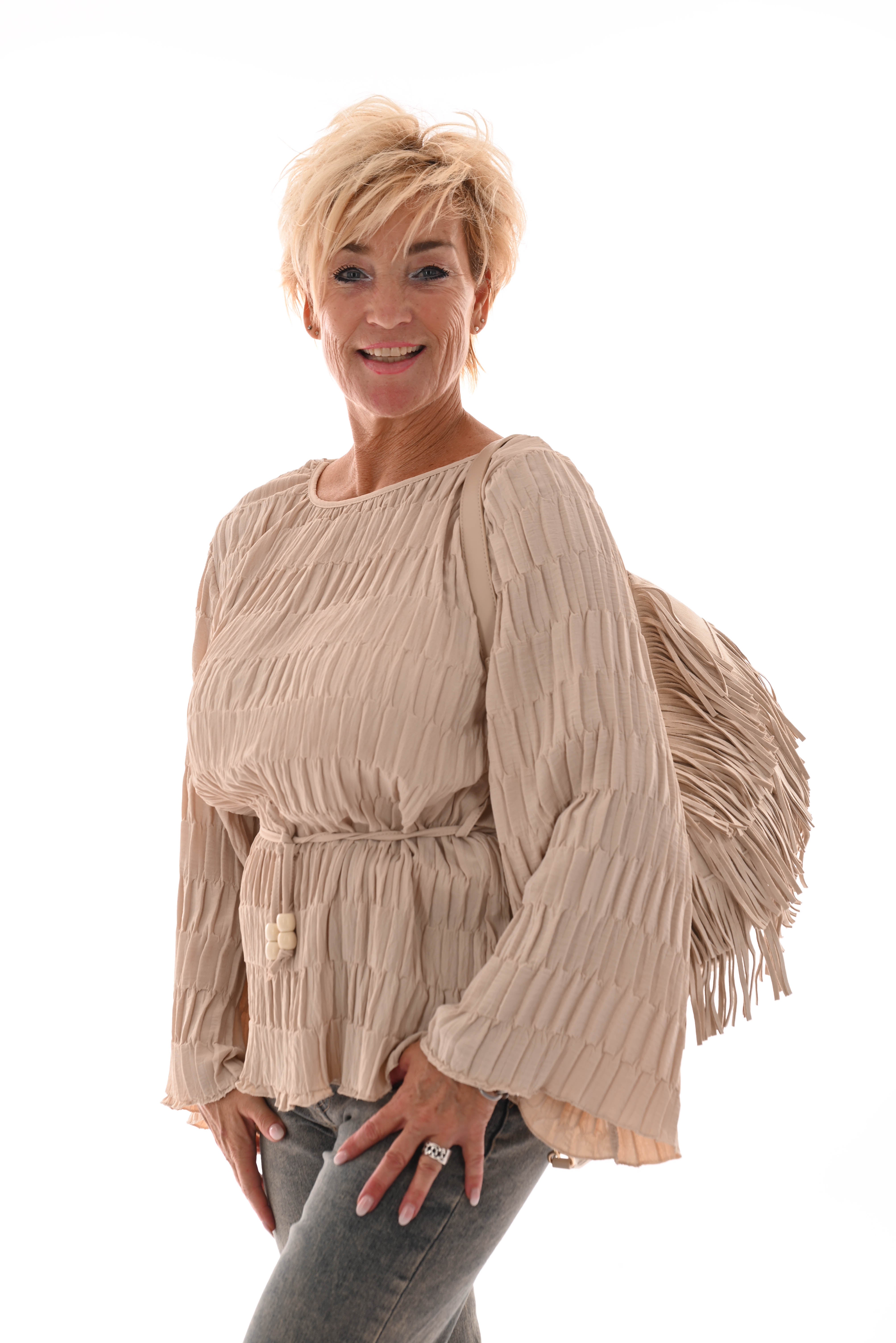 Top lange mouwen structuur ceintuur beige