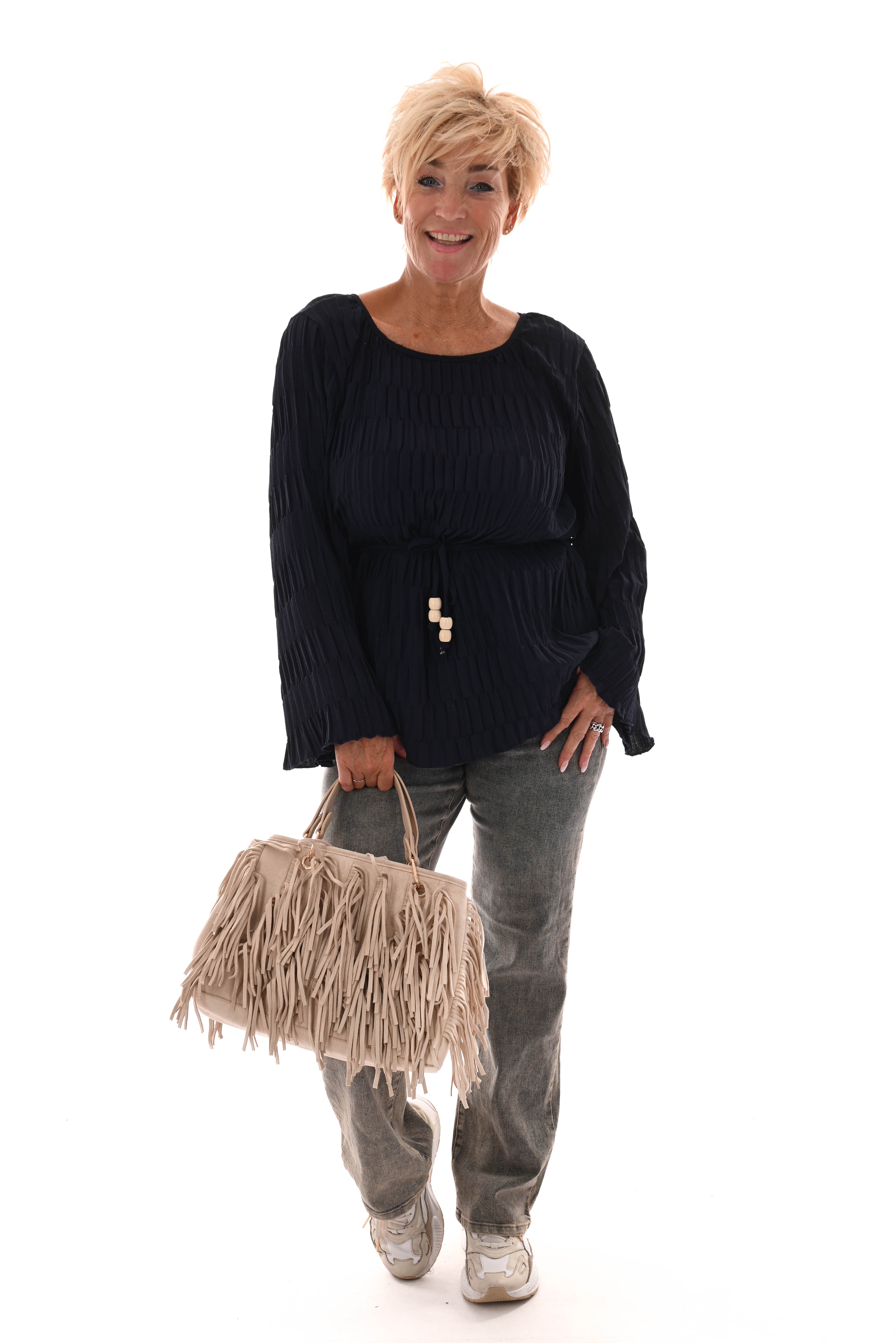 Top lange mouwen structuur ceintuur marineblauw