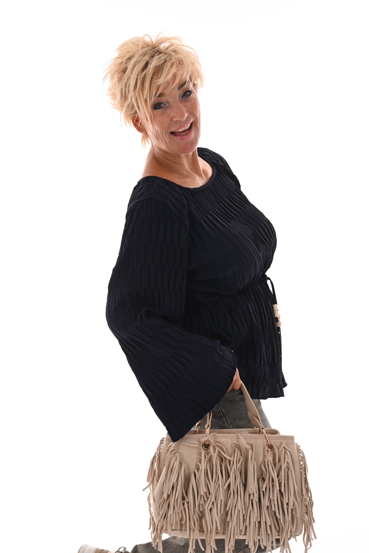 Top lange mouwen structuur ceintuur marineblauw