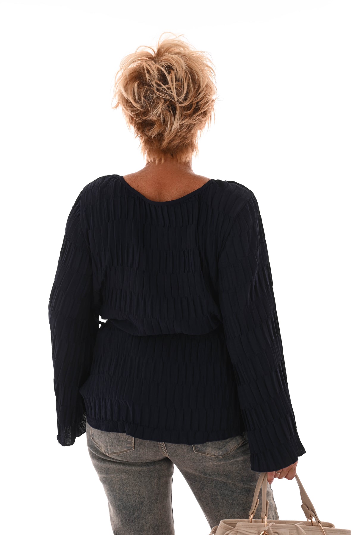 Top lange mouwen structuur ceintuur marineblauw