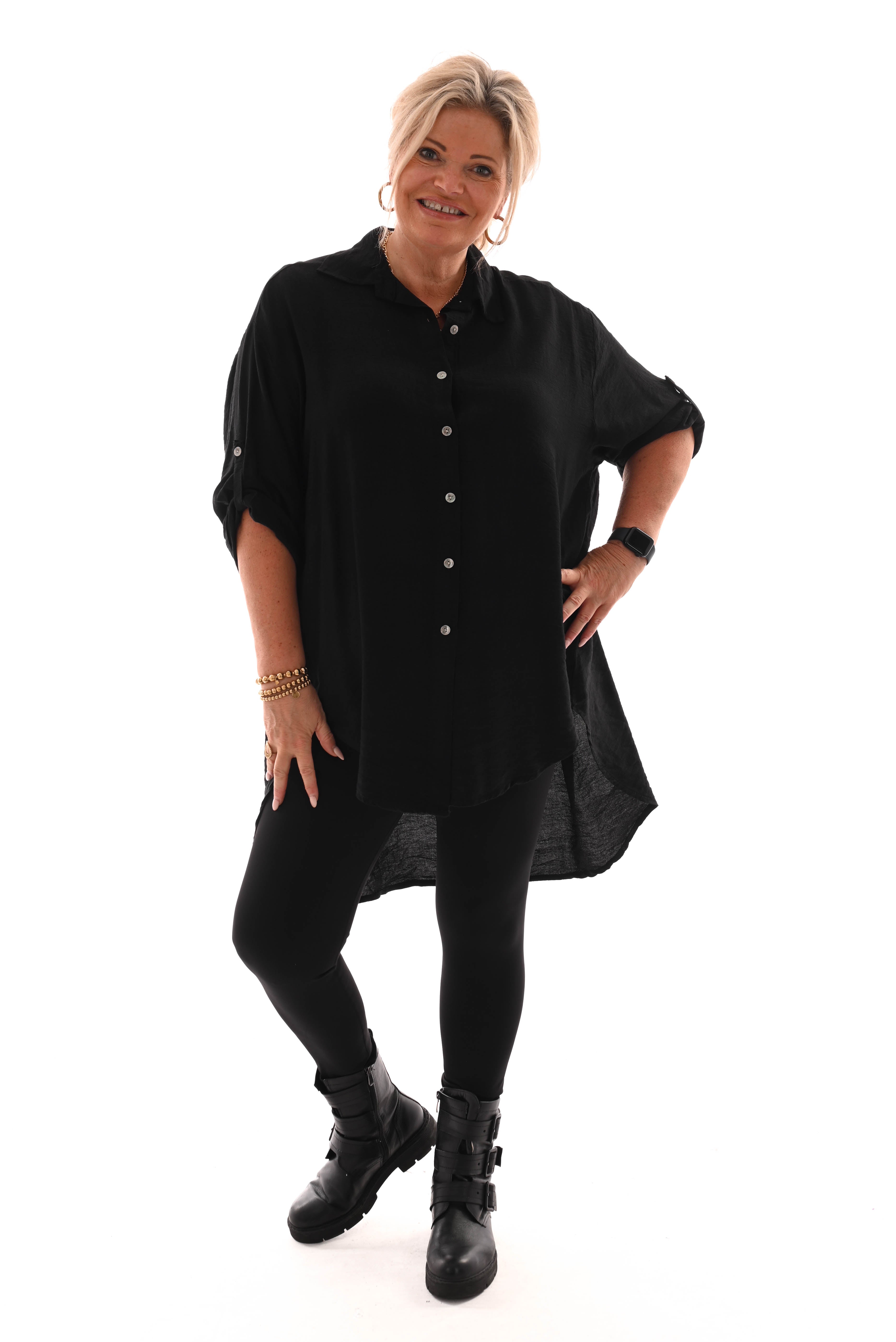 Doorknoop blouse crepe ophaalmouwen zwart
