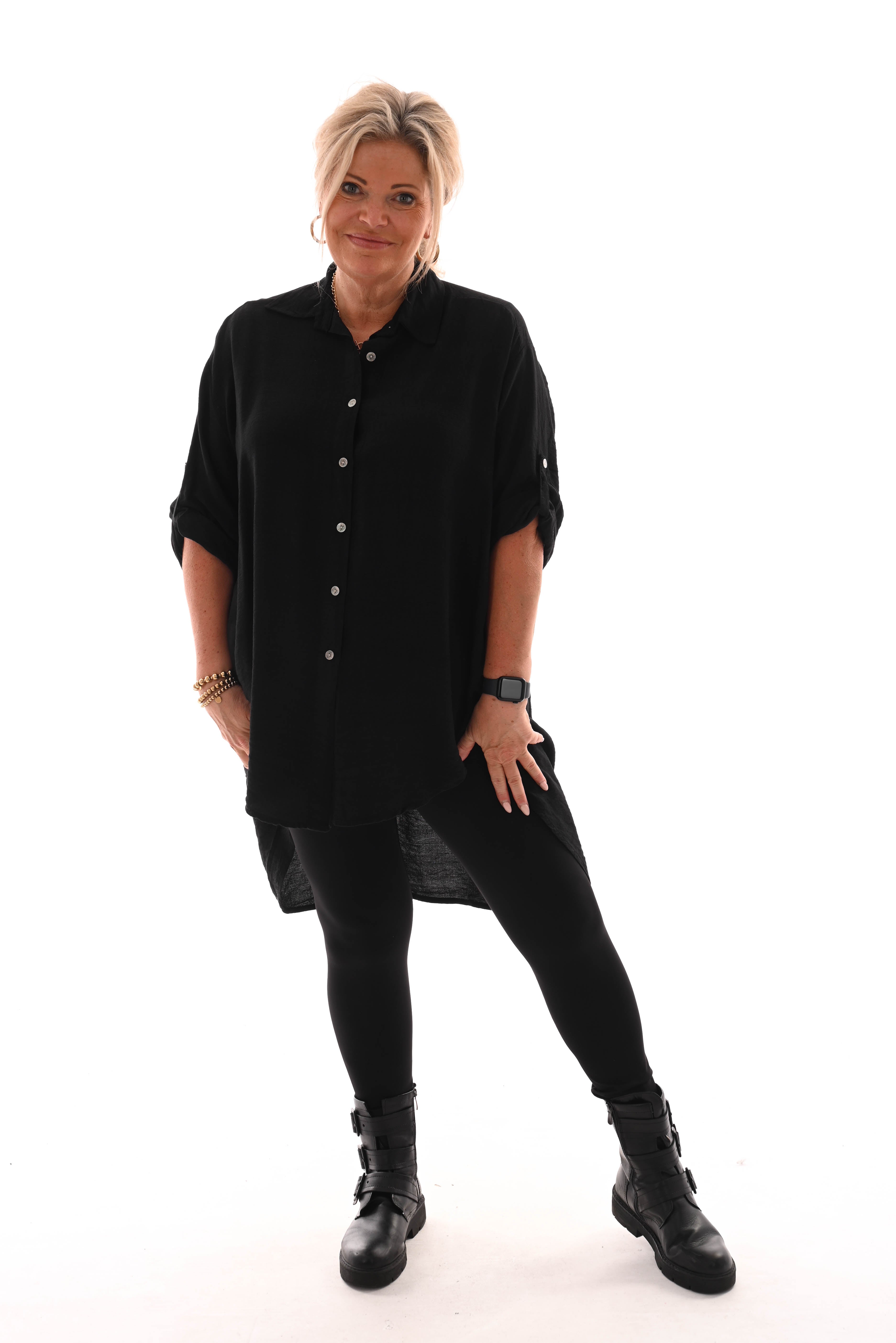 Doorknoop blouse crepe ophaalmouwen zwart