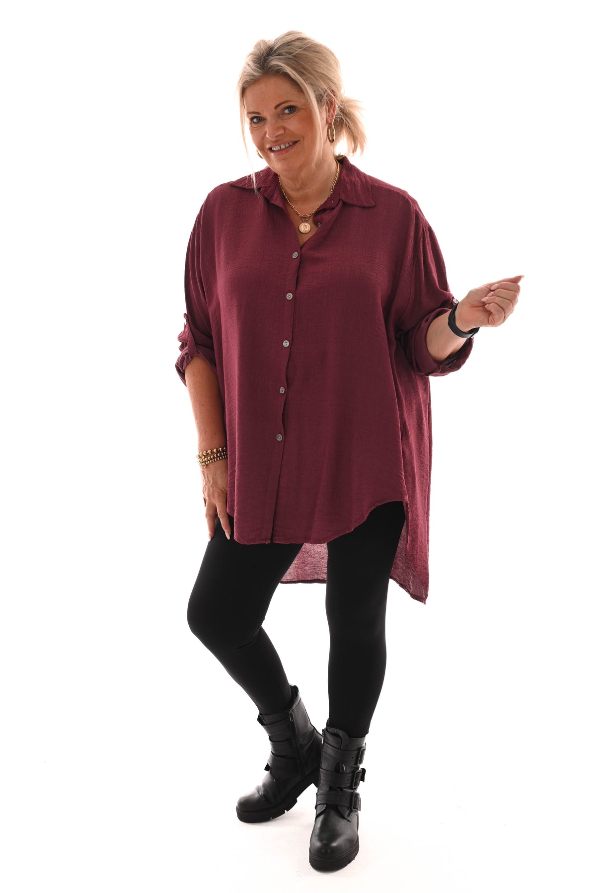 Doorknoop blouse crepe ophaalmouwen bordeaux