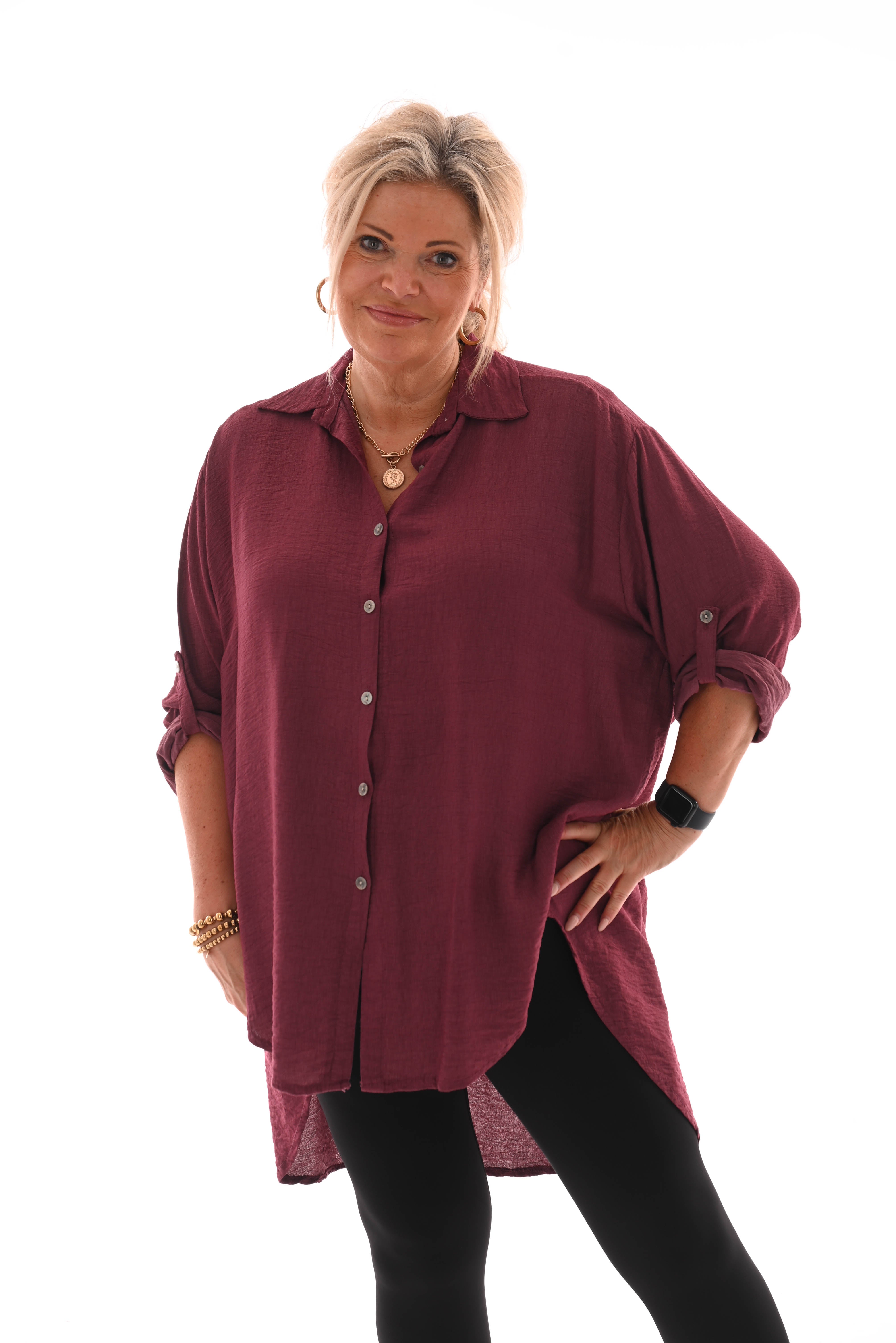 Doorknoop blouse crepe ophaalmouwen bordeaux