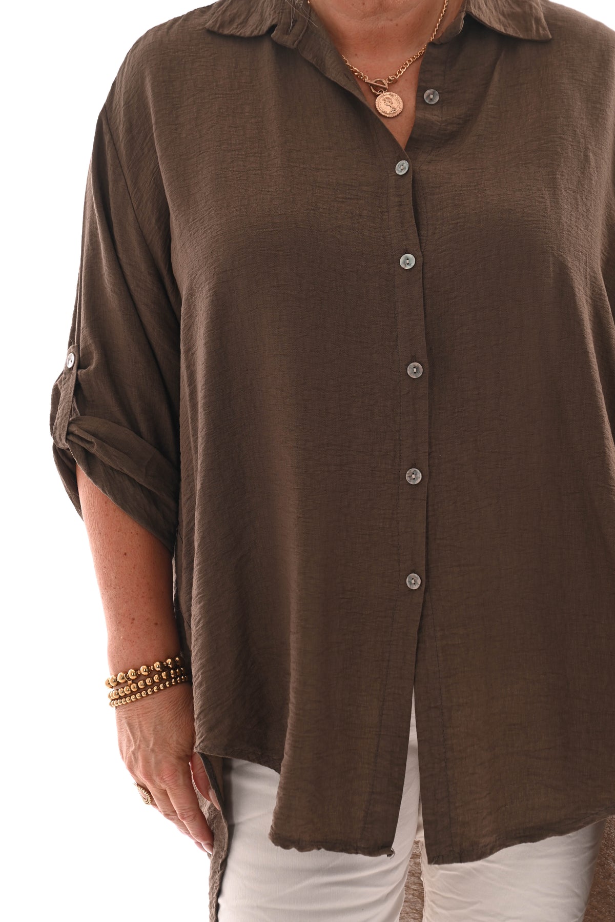 Doorknoop blouse crepe ophaalmouwen bruin