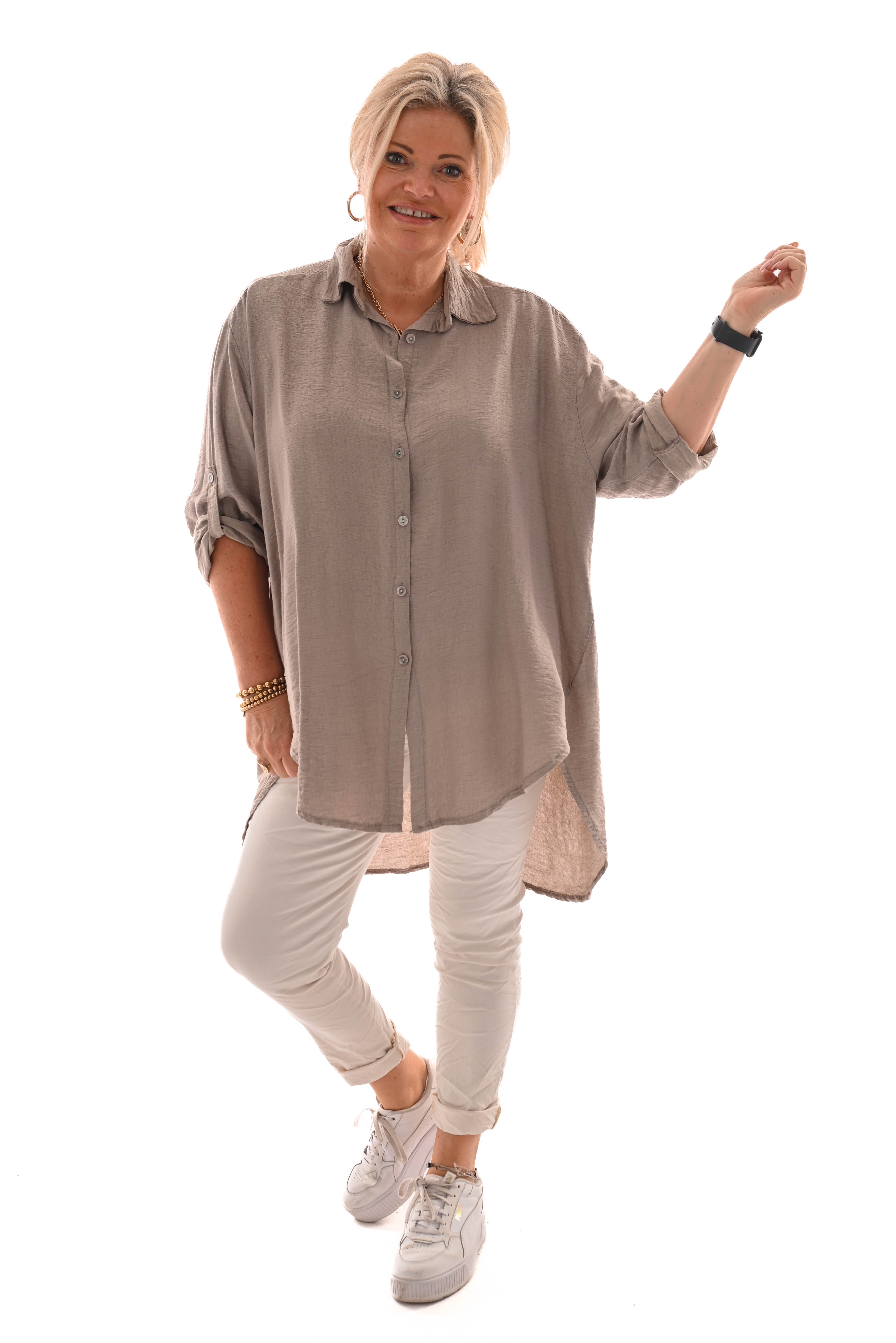Doorknoop blouse crepe ophaalmouwen taupe