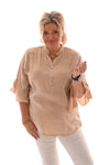 Silky top v-hals uitlopende mouwen beige