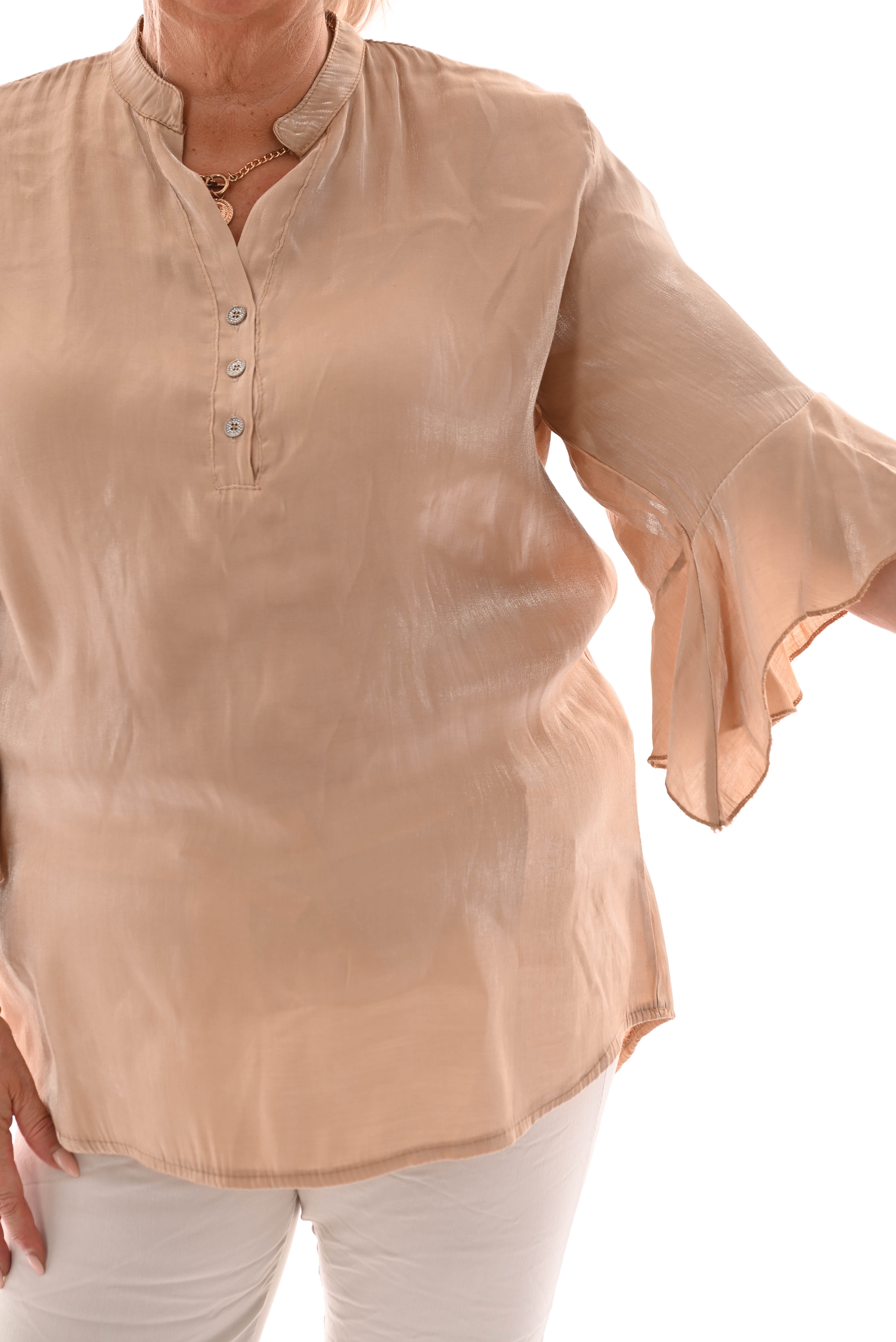 Silky top v-hals uitlopende mouwen beige