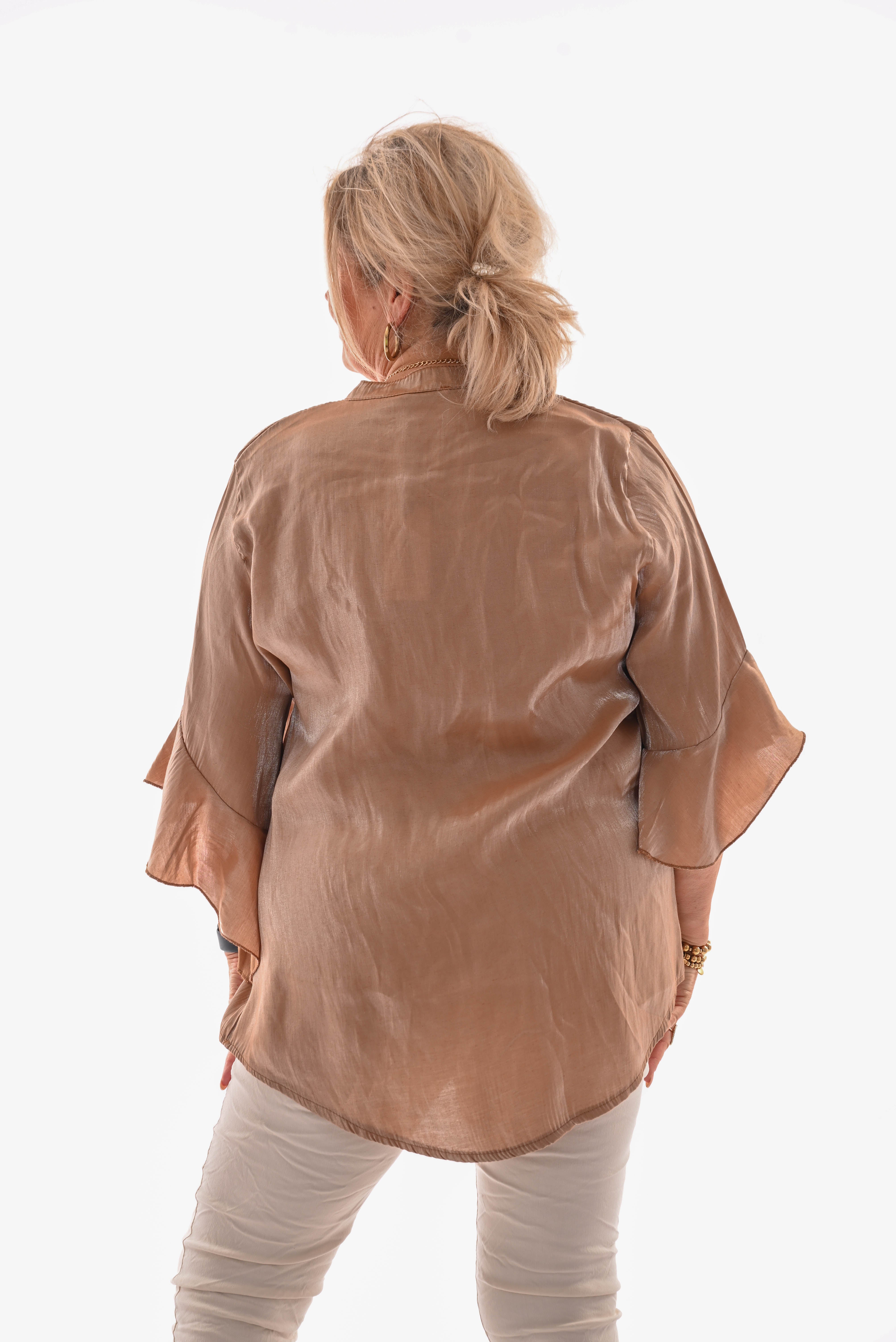 Silky top v-hals uitlopende mouwen camel