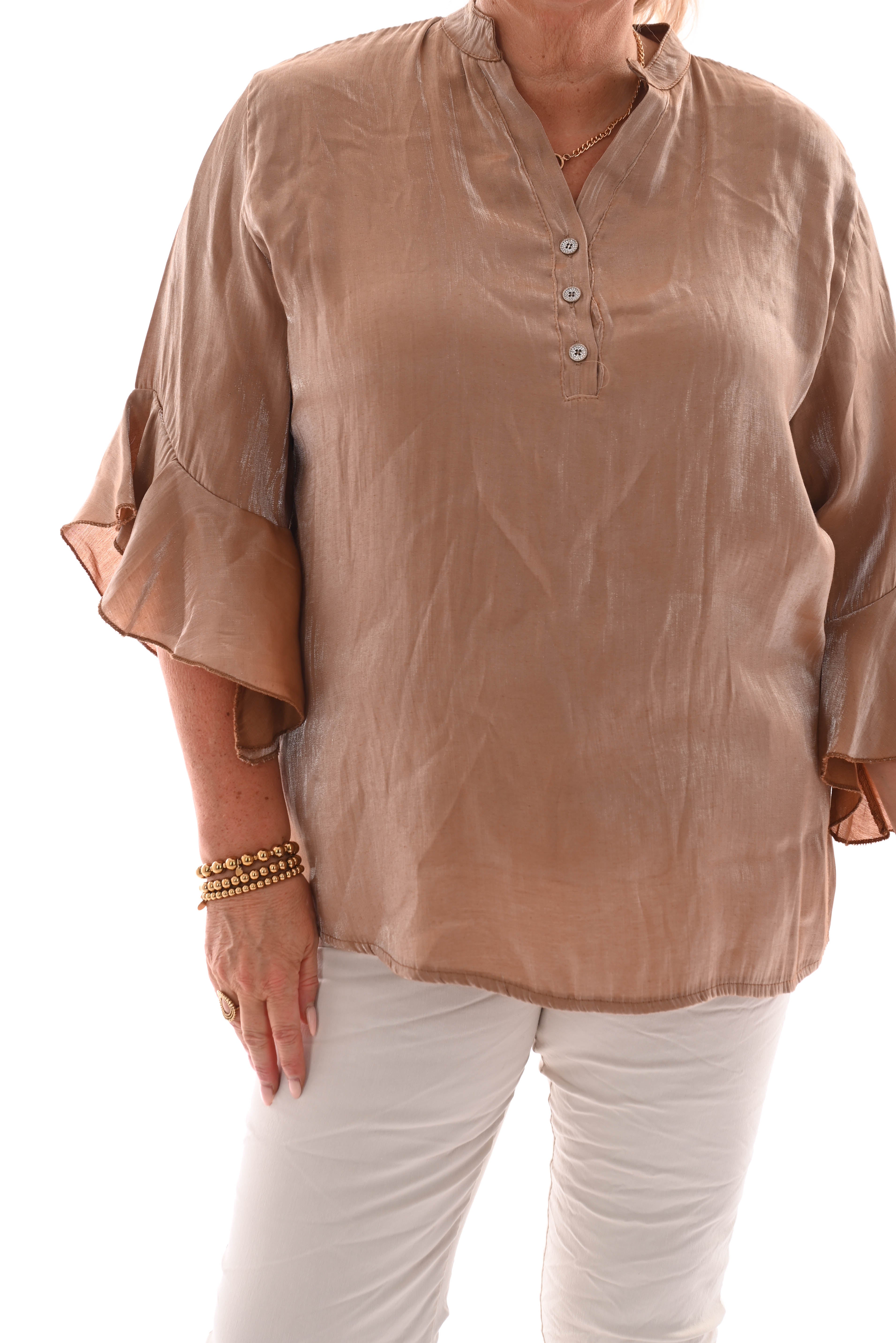 Silky top v-hals uitlopende mouwen camel