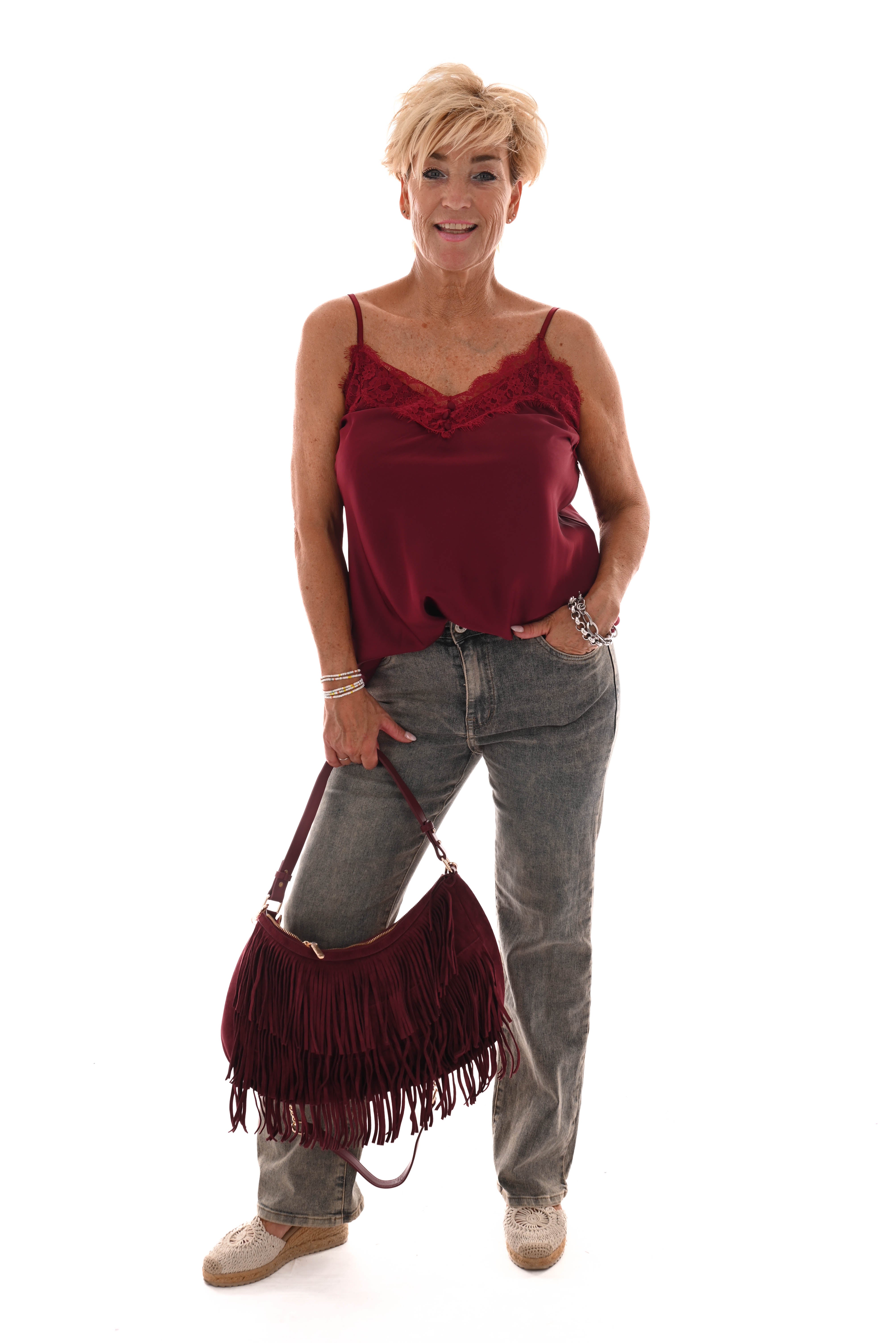 Tas suedinelook franjes rond bordeaux