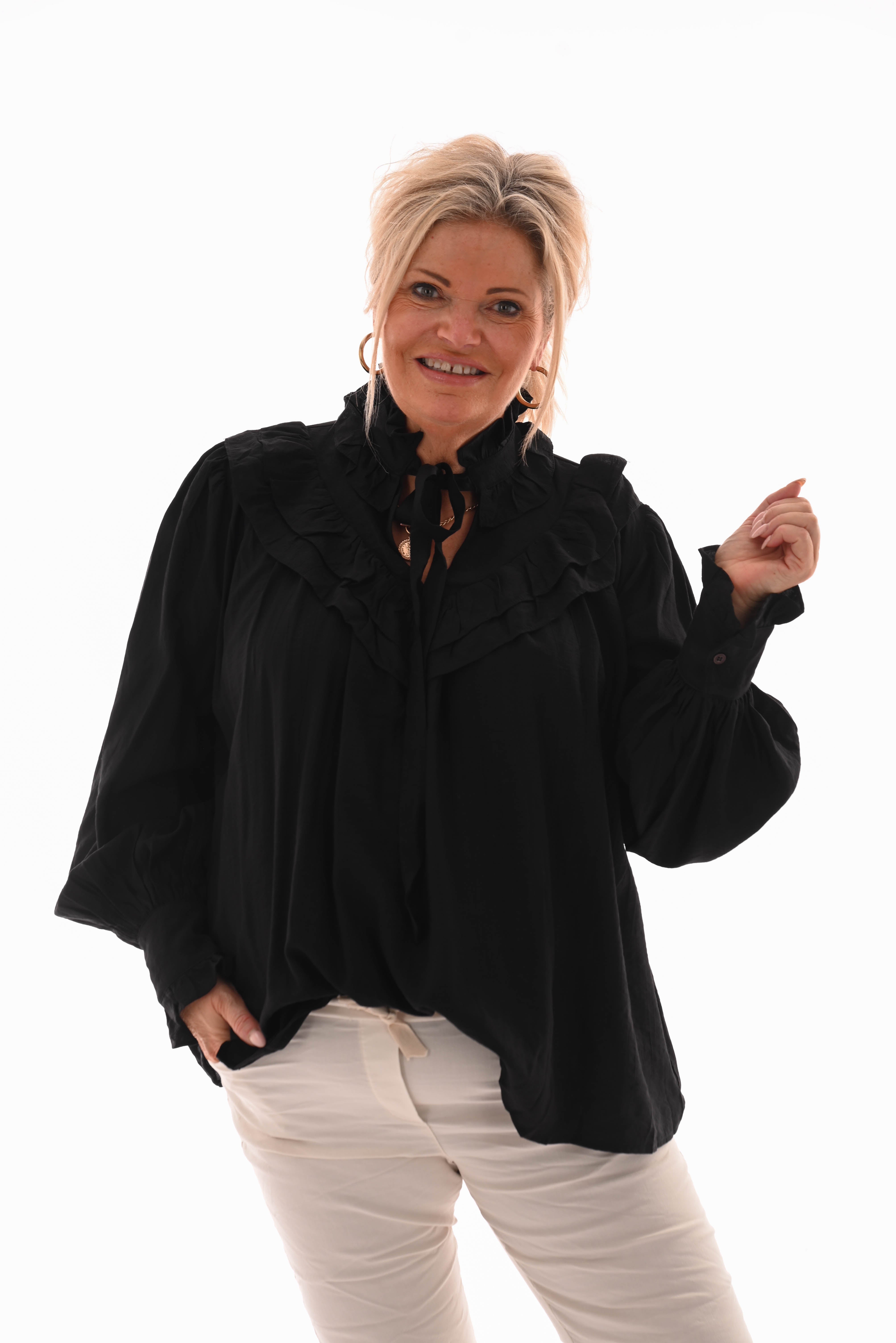 Blouse met strik en roezels zwart