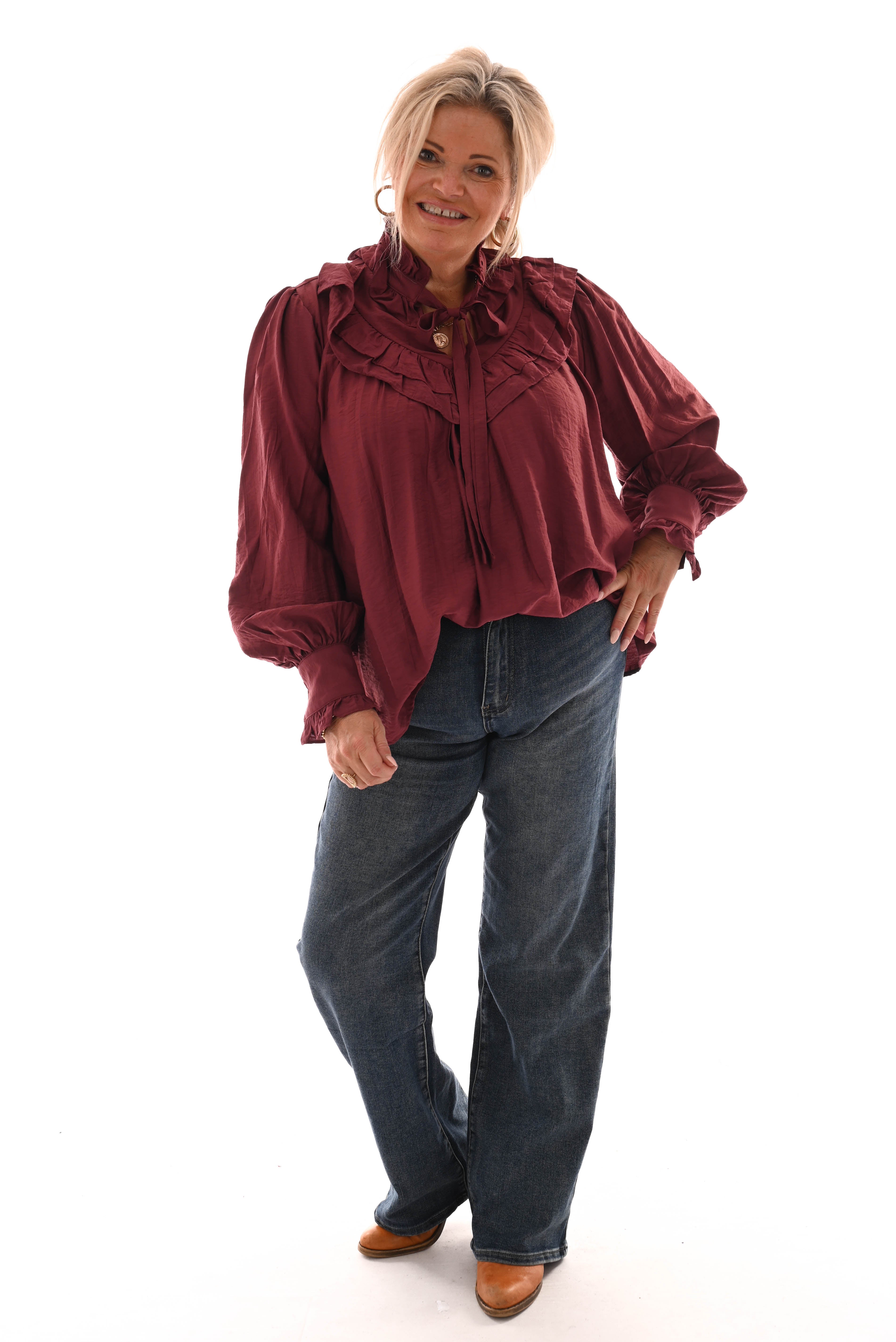Blouse met strik en roezels bordeaux
