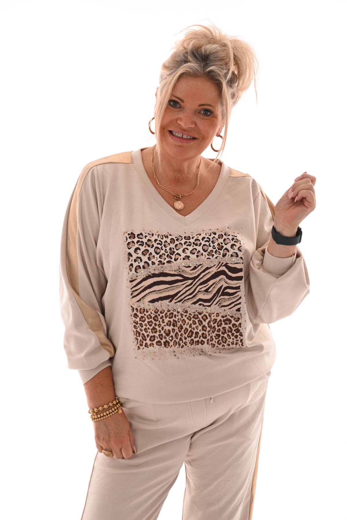 Tweedelig pak dieren mix gouden bies comfy beige