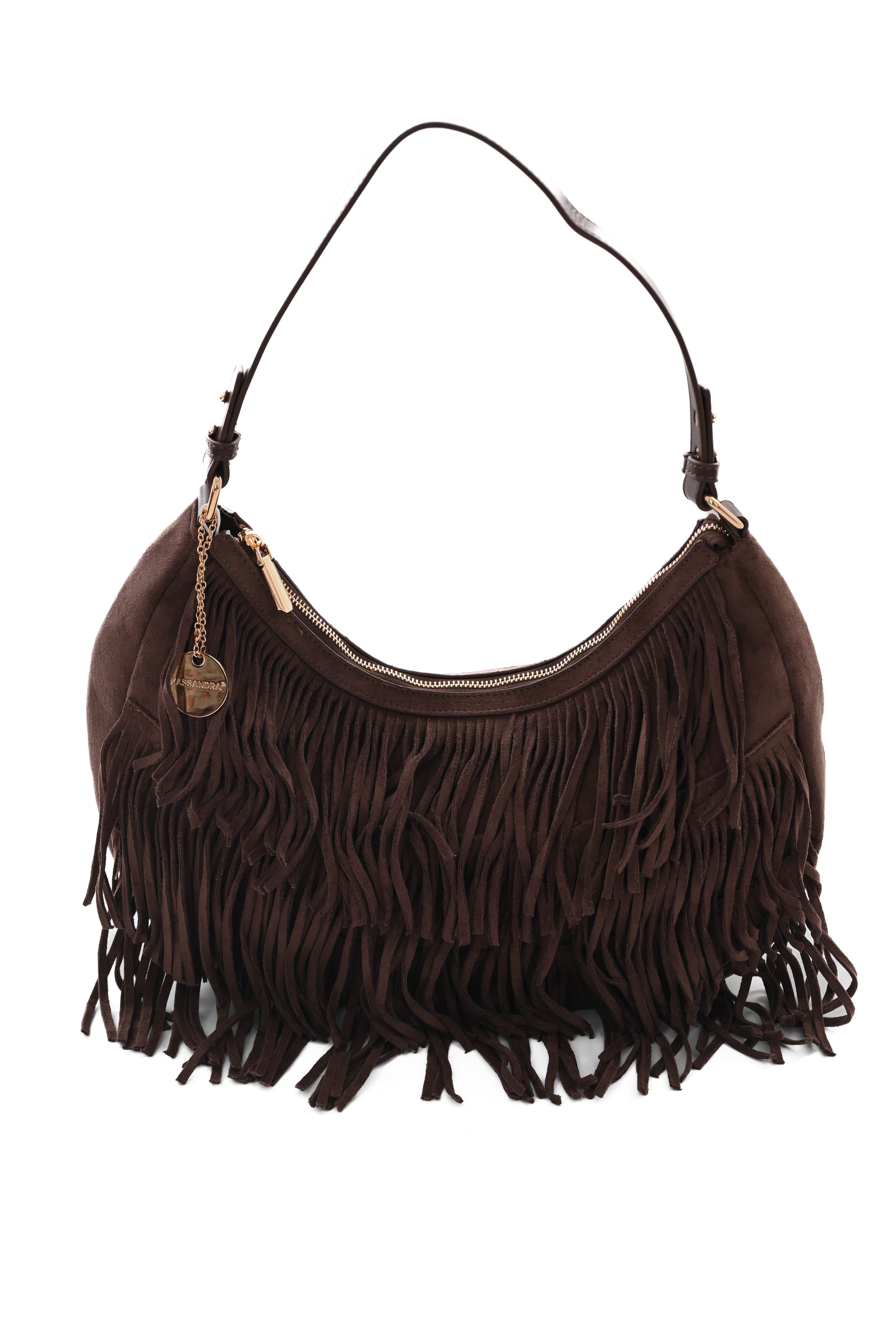 Tas suedinelook franjes rond donkerbruin