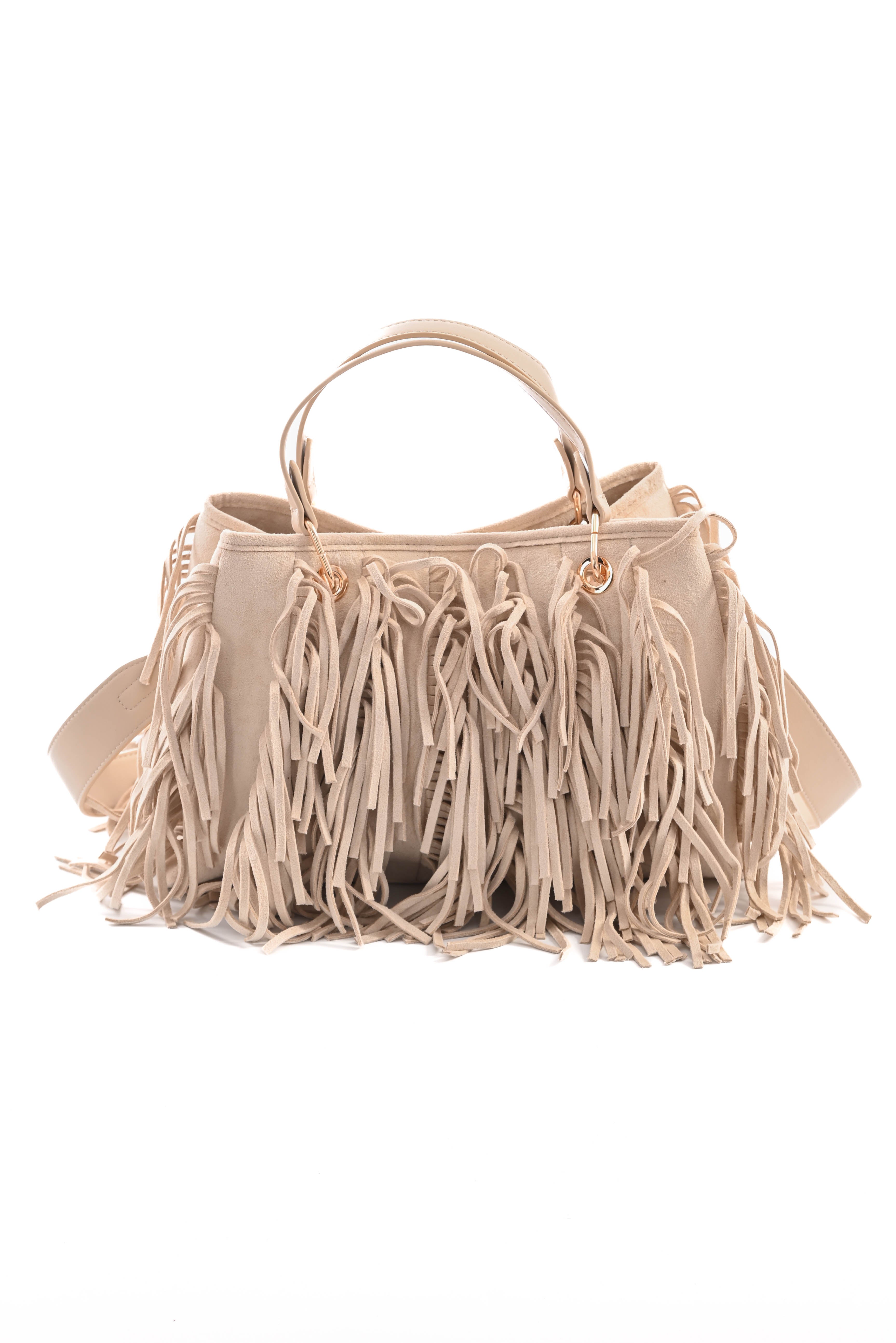 Tas suedinelook franjes beige