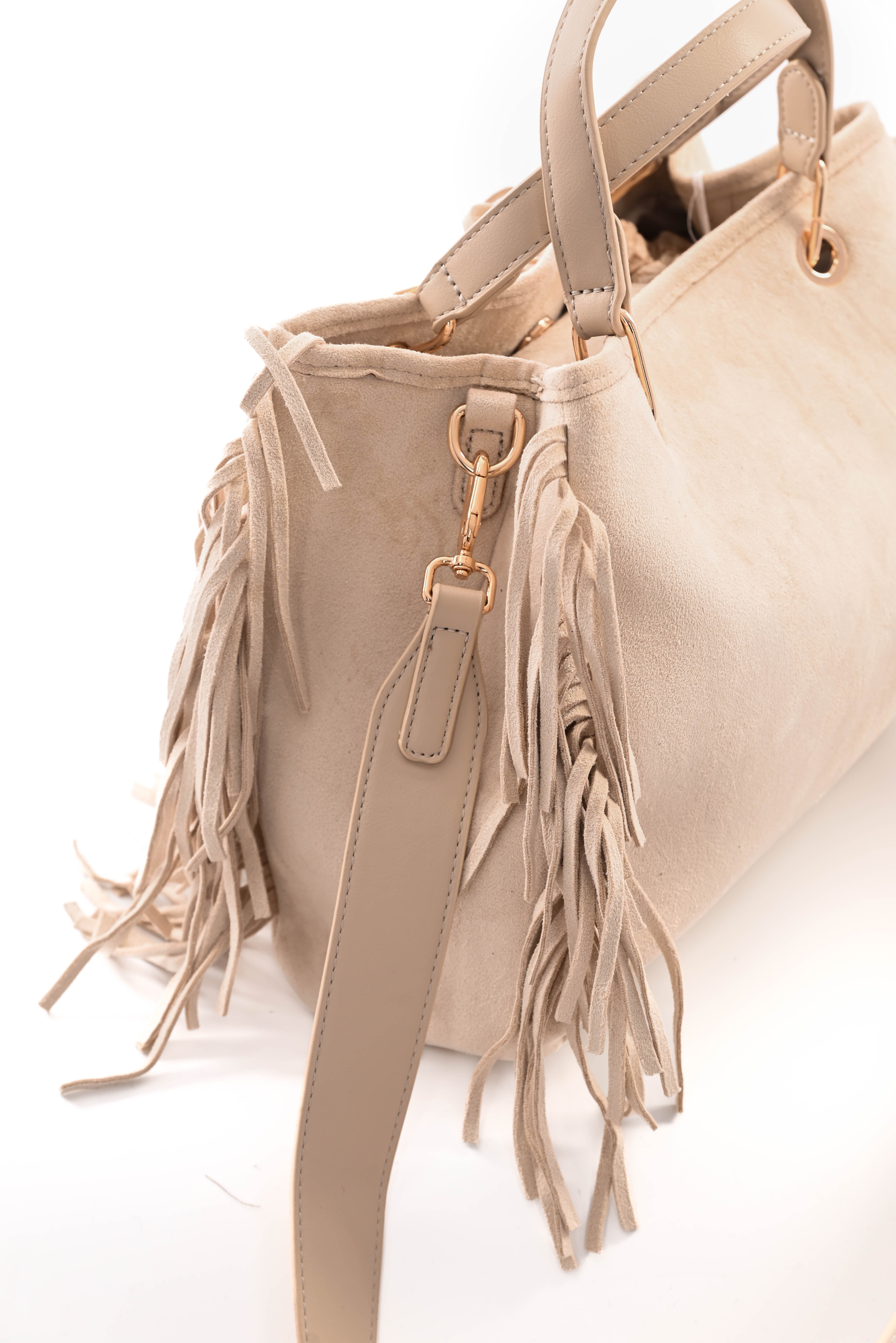 Tas suedinelook franjes beige