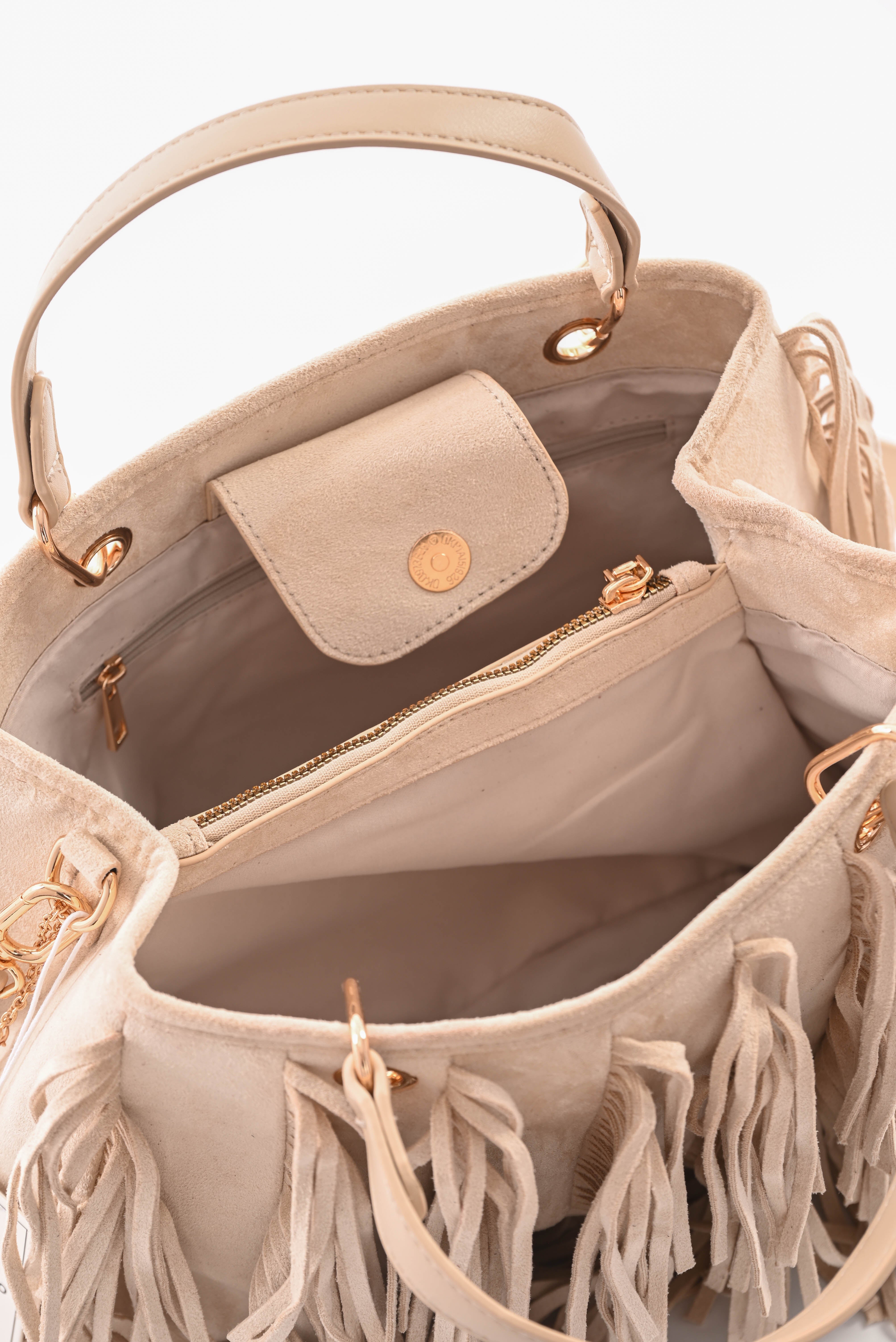 Tas suedinelook franjes beige