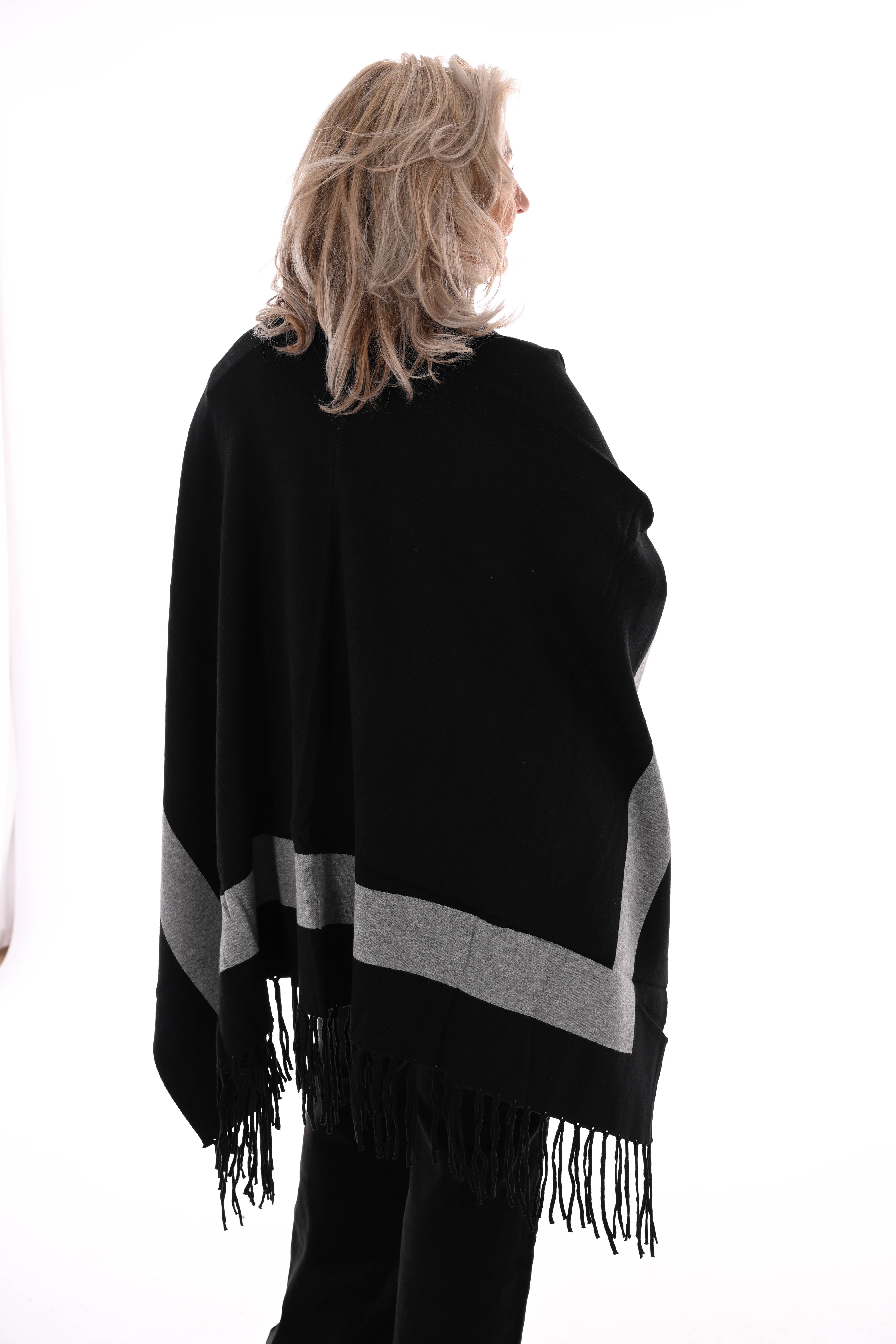 Omslagdoek streep en franjes zwart