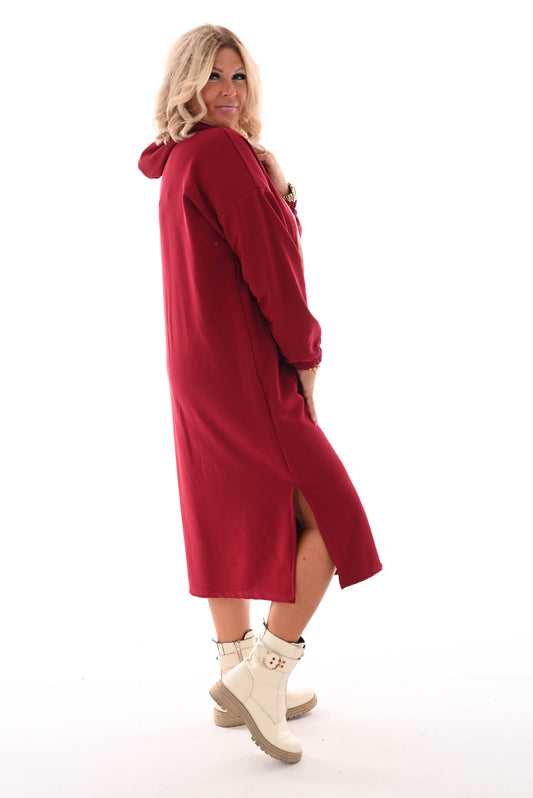 Lange sweater dress met capuchon bordeaux