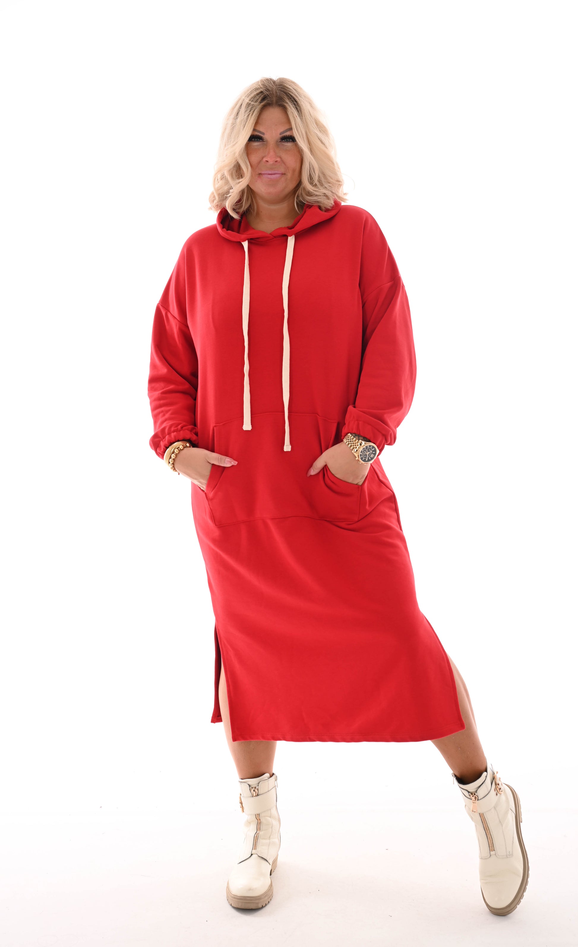 Lange sweater dress met capuchon rood