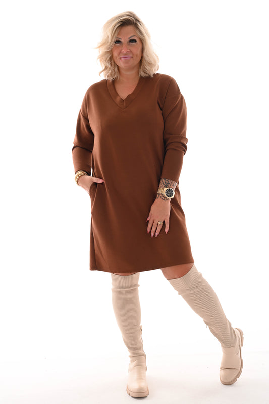 Sweater dress v-hals bruin