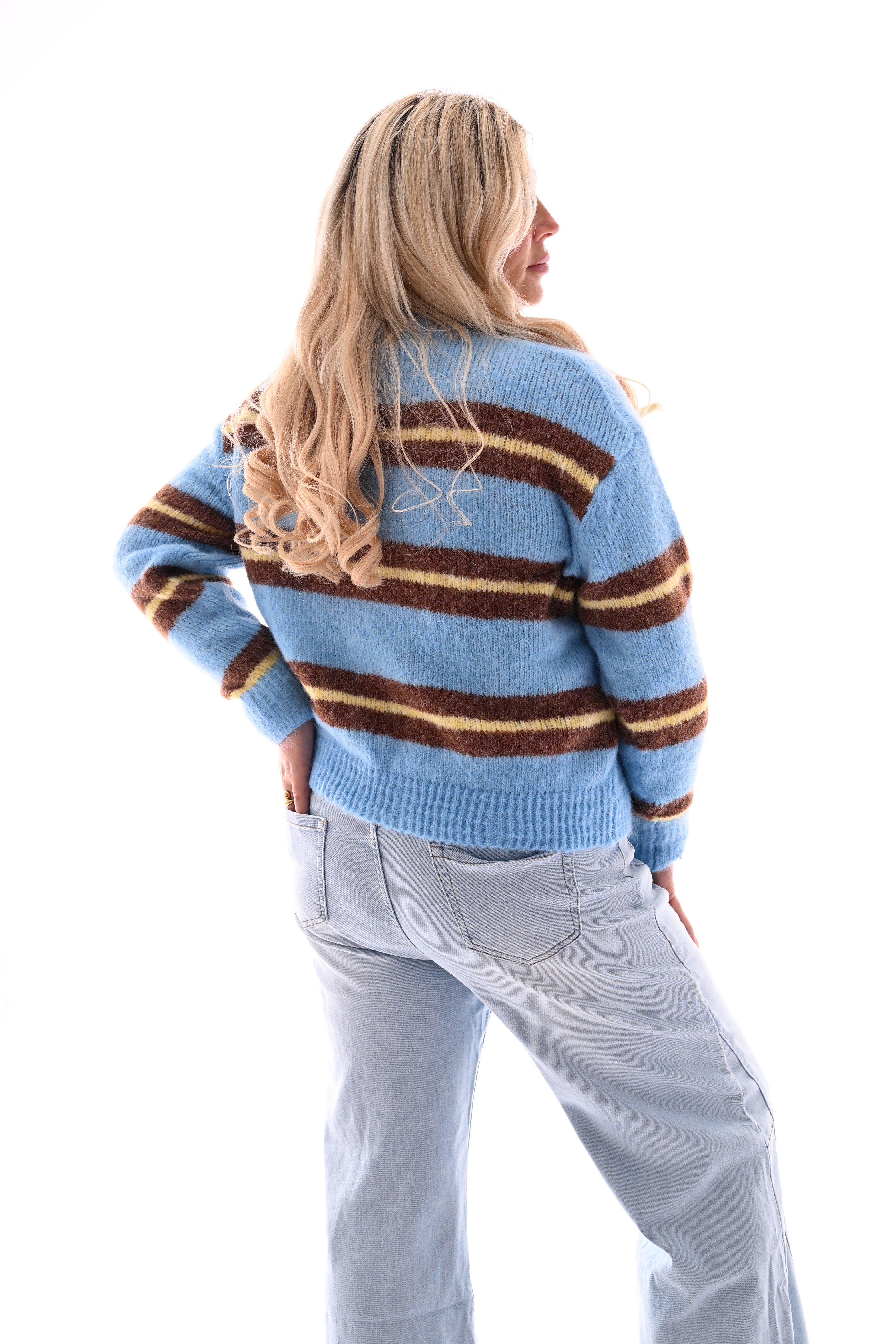 Fijn gebreide trui dubbele streep blauw