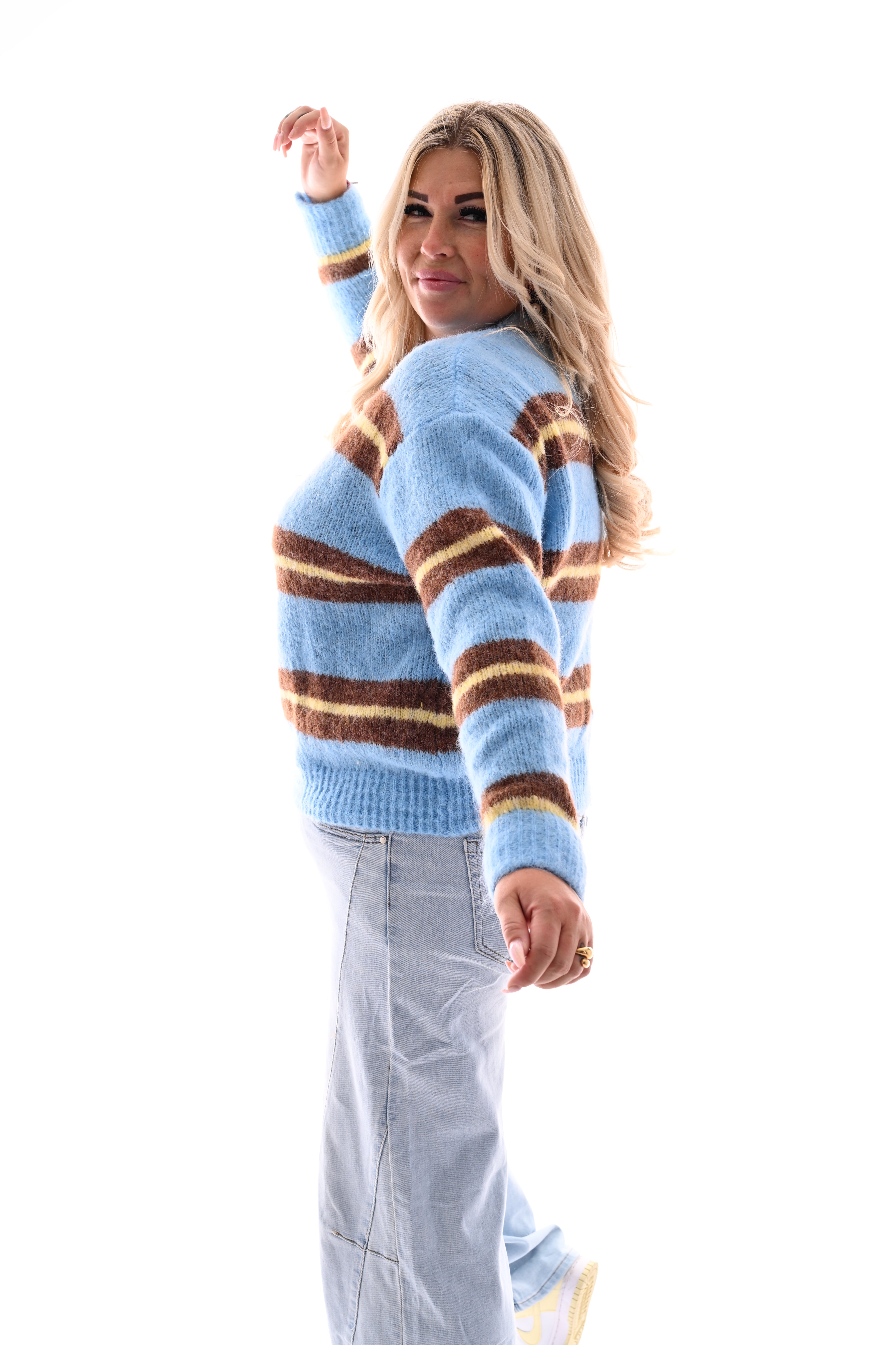 Fijn gebreide trui dubbele streep blauw