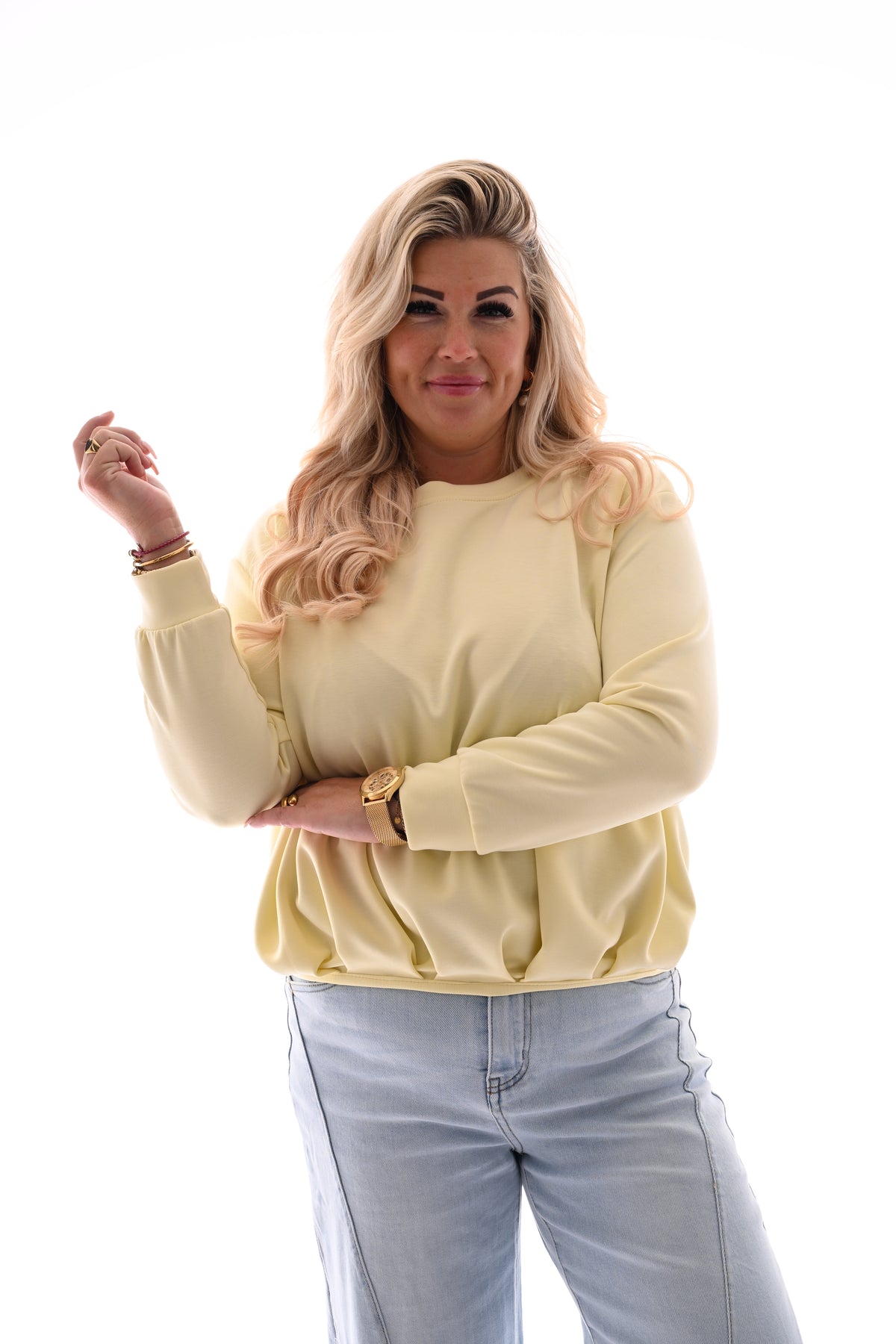 Sweater met geplooide onderkant lichtgeel