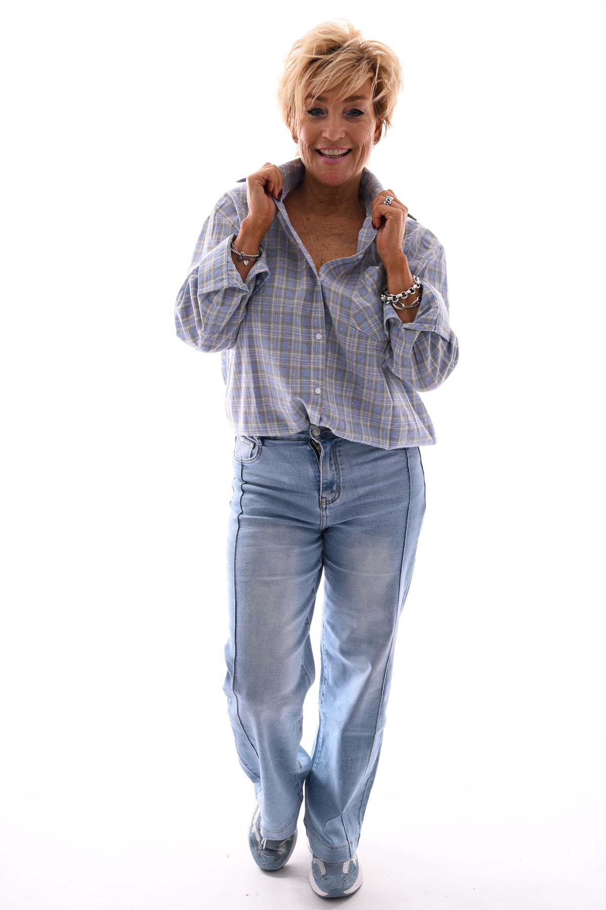 Doorknoop blouse strass houthakkers lichtblauw