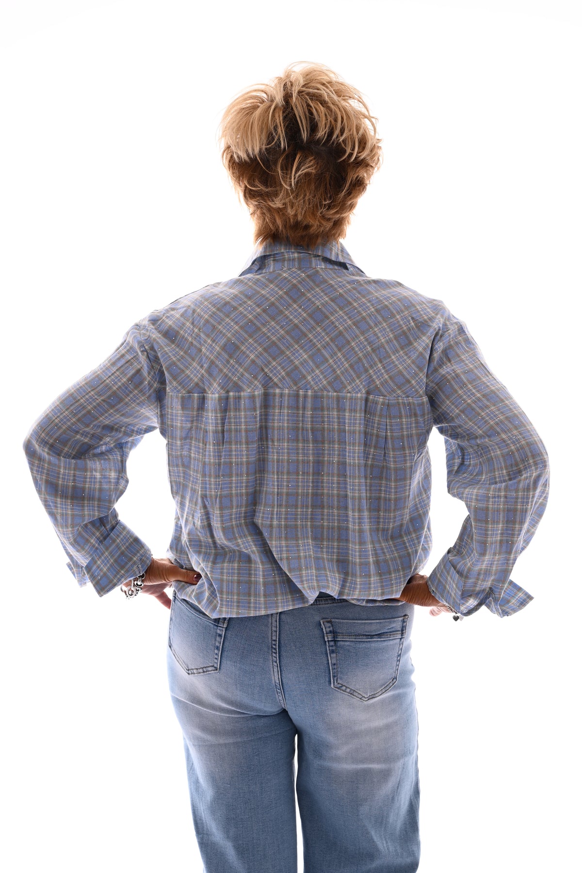 Doorknoop blouse strass houthakkers lichtblauw