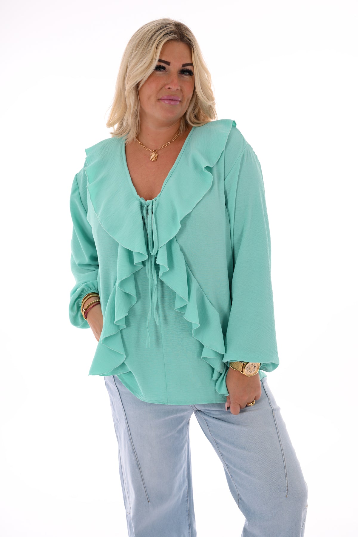 Top roezels lange mouwen mintgroen