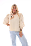 Top met v-hals en lange smockmouwen beige