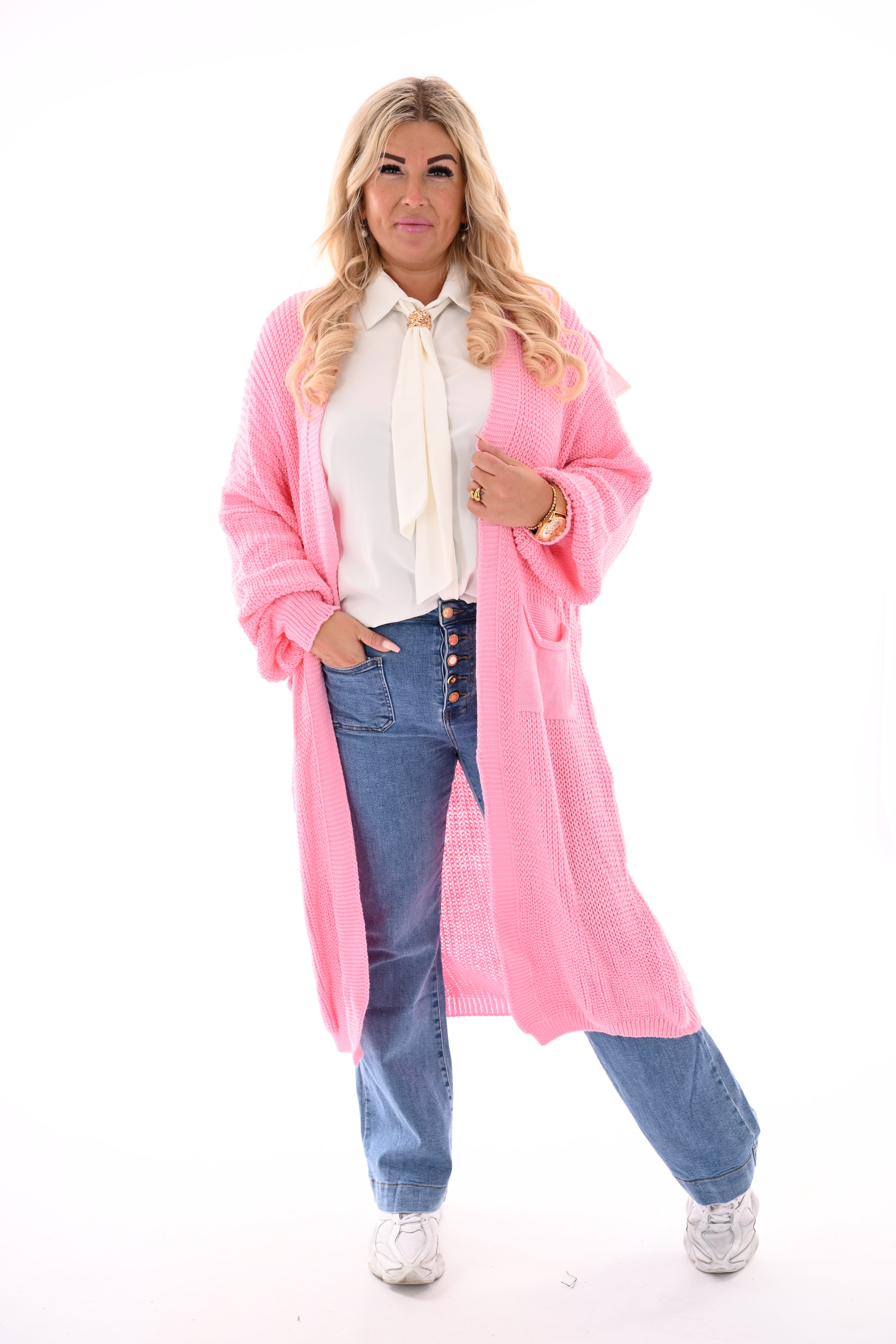 Lang gebreid vest met zakken lichtroze